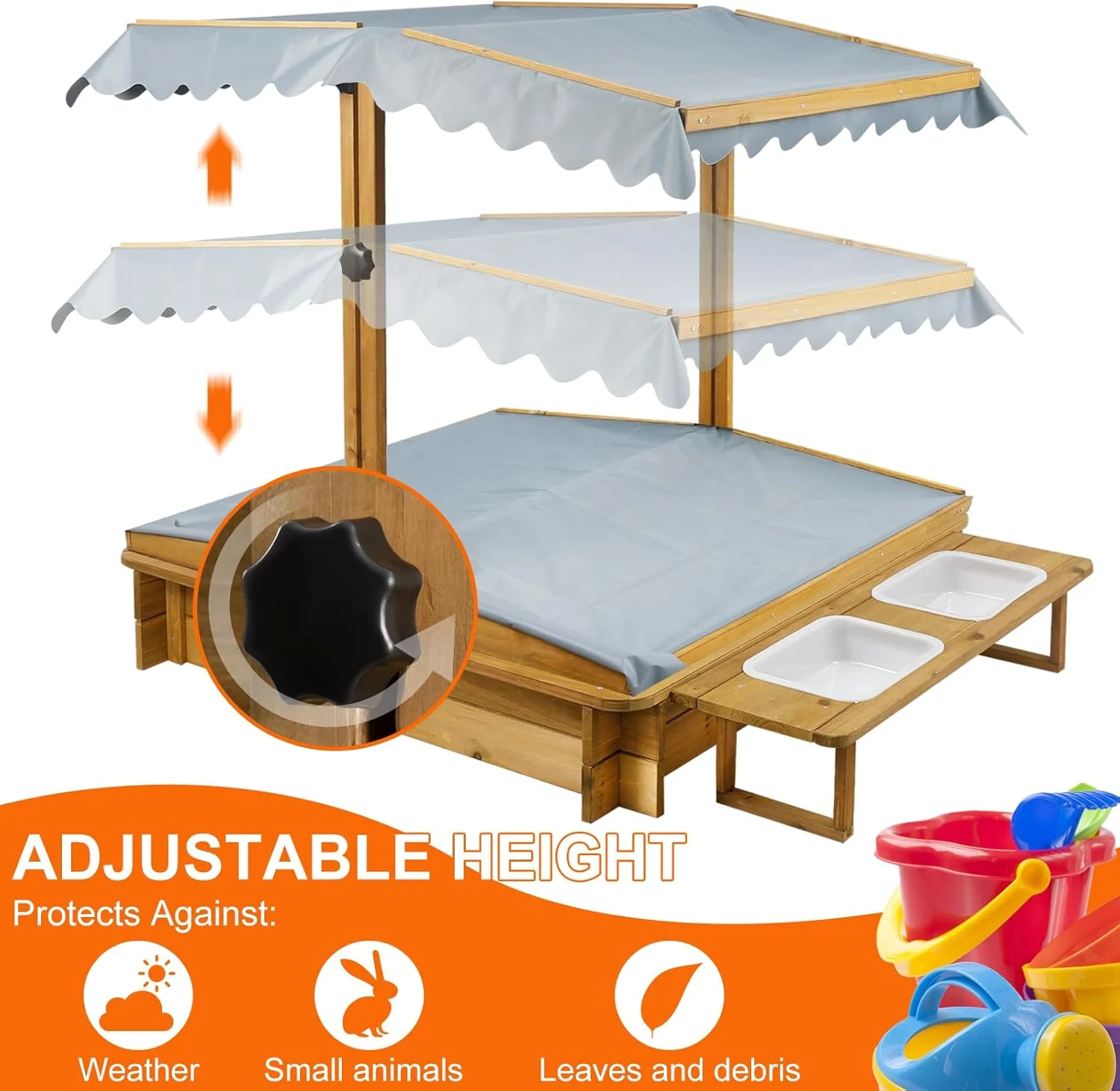 محفظه بازی شن PetsCosset با روکش، محفظه شن با 2 جعبه اسباب بازی، 4 نیمکت تقویت شده، سقف مقاوم در برابر اشعه ماوراء بنفش و قابل تنظیم، آستر زیرین، محفظه شن چوبی با درب برای کودکان در فضای باز، هدیه برای سنین 2-8 سال، 45x45 اینچ