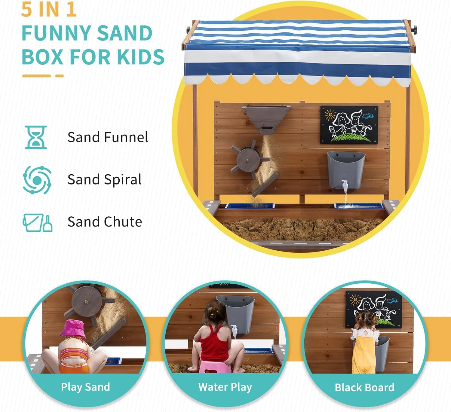جعبه شنی چوبی بزرگ کودکان با سقف، مناسب بازی در فضای باز با سایبان برای حیاط خلوت، باغ و ساحل، گودال شن برای پاسیو ساحلی در فضای باز، [دارای پوشش قابل تنظیم، قیف شن و تخته طراحی] - بلوط قهوه ای