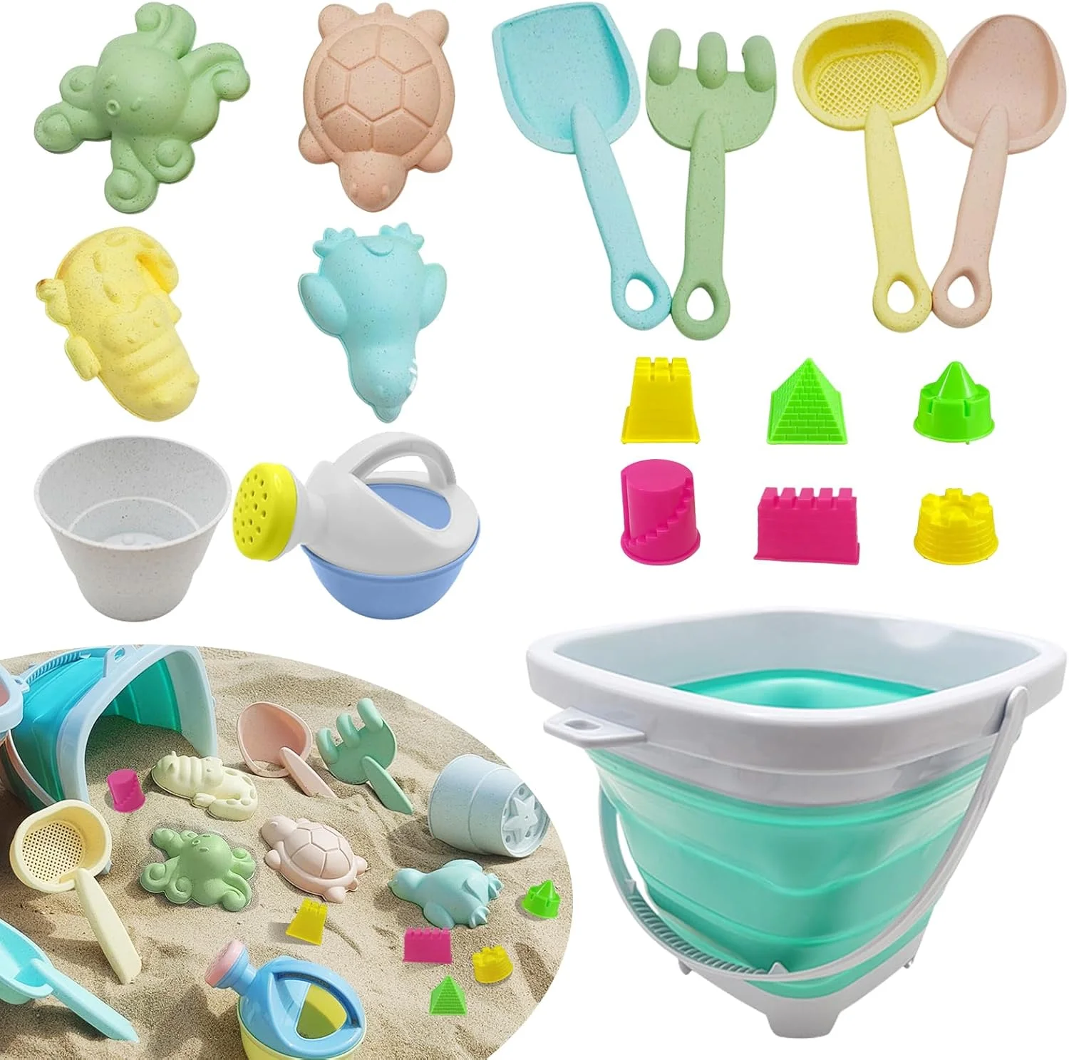 مجموعه اسباب بازی های ساحلی وان ناین، مجموعه ۱۱ تکه اسباب بازی گودال شن و ۶ تکه قالب قلعه ساحلی، سطل تاشو و بیلچه اسباب بازی شن ساحلی برای تعطیلات در ساحل، استخر، برف