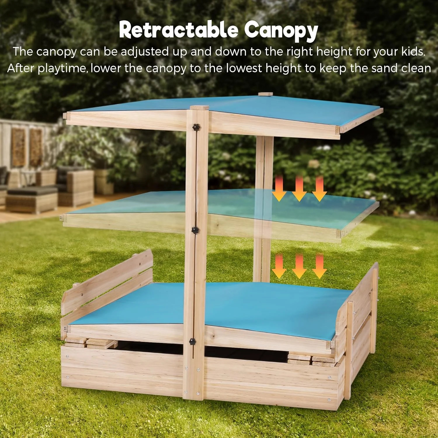 محفظه شن بازی چوبی با سایبان برای کودکان 4 تا 8 سال، سقف جمع شونده و چرخان، مقاوم در برابر اشعه ماوراء بنفش به همراه 2 صندلی تاشو برای حیاط خلوت، پاسیو، بازی در فضای باز