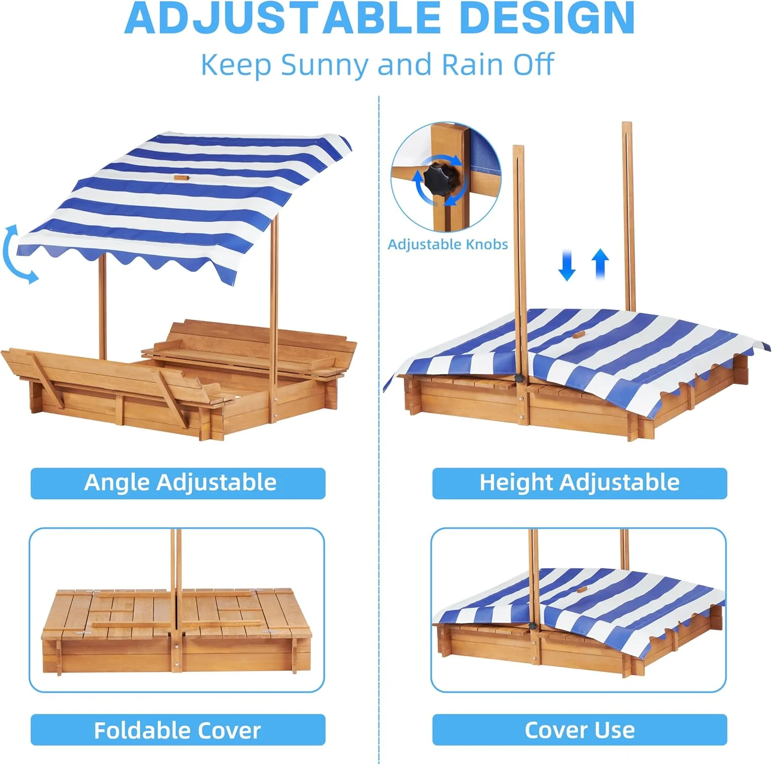 زمین بازی شن کودکان با پوشش قابل تنظیم و نیمکت های تاشو، ۴۶''x۴۶'' زمین بازی شن چوبی در فضای باز برای بازی در حیاط خلوت