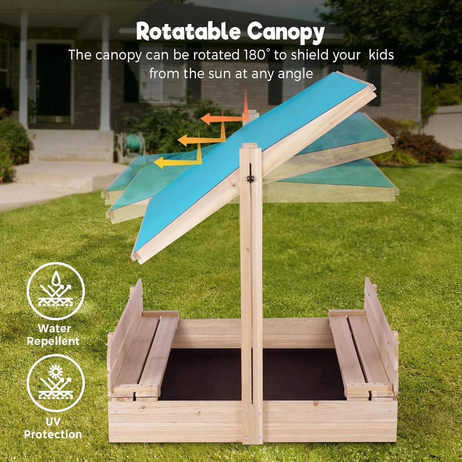 محفظه شن بازی چوبی با سایبان برای کودکان 4 تا 8 سال، سقف جمع شونده و چرخان، مقاوم در برابر اشعه ماوراء بنفش به همراه 2 صندلی تاشو برای حیاط خلوت، پاسیو، بازی در فضای باز