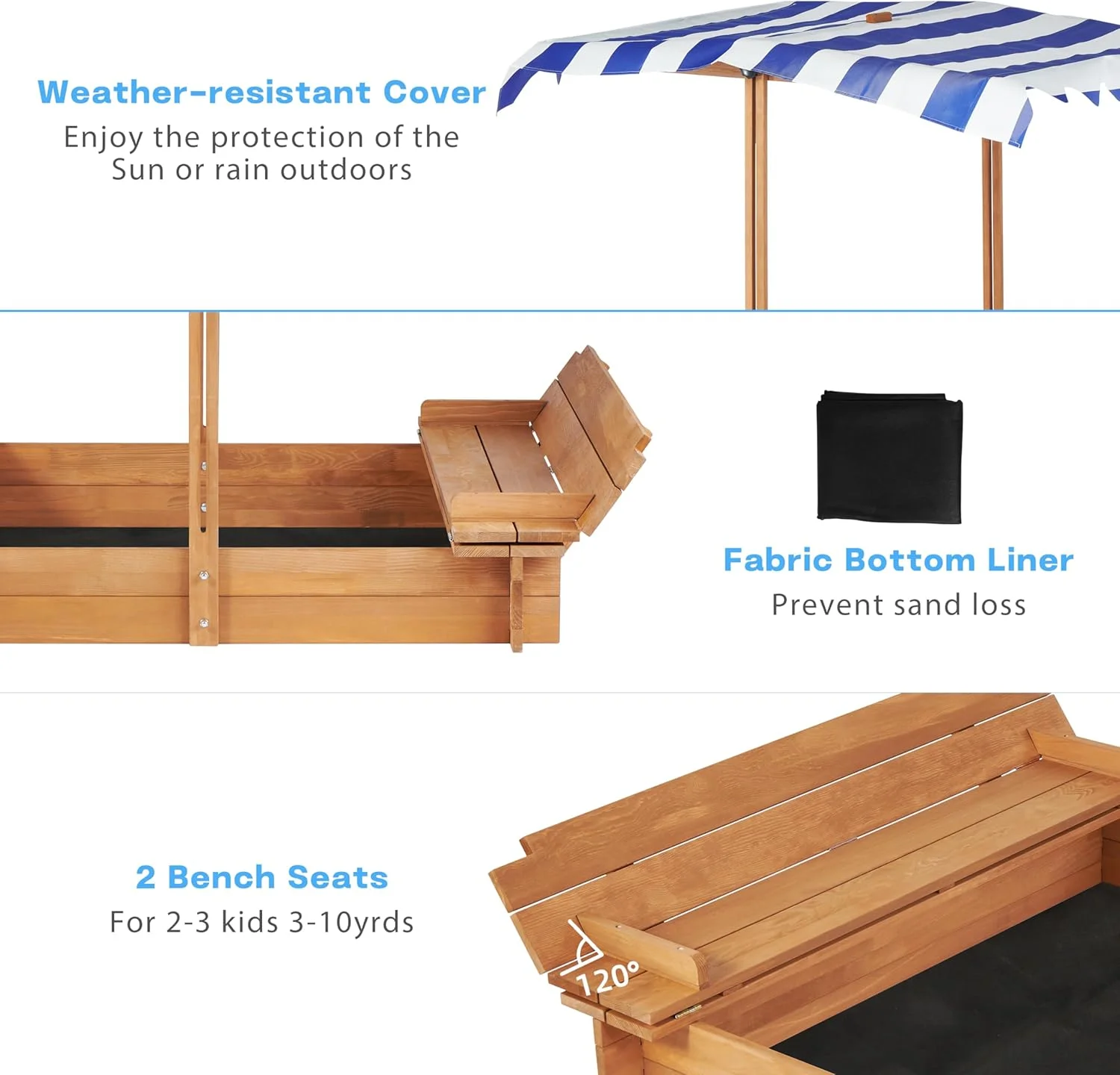 زمین بازی شن کودکان با پوشش قابل تنظیم و نیمکت های تاشو، ۴۶''x۴۶'' زمین بازی شن چوبی در فضای باز برای بازی در حیاط خلوت