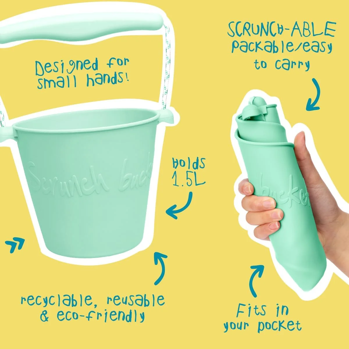 سطل تاشو، بیلچه و قالب - اسباب بازی های ساحلی سیلیکونی، لوازم ضروری تعطیلات برای کودکان - شامل سطل تاشو، بیلچه و قالب های شن، عالی برای گودال شن، باغ و بازی با آب - آسمان آبی