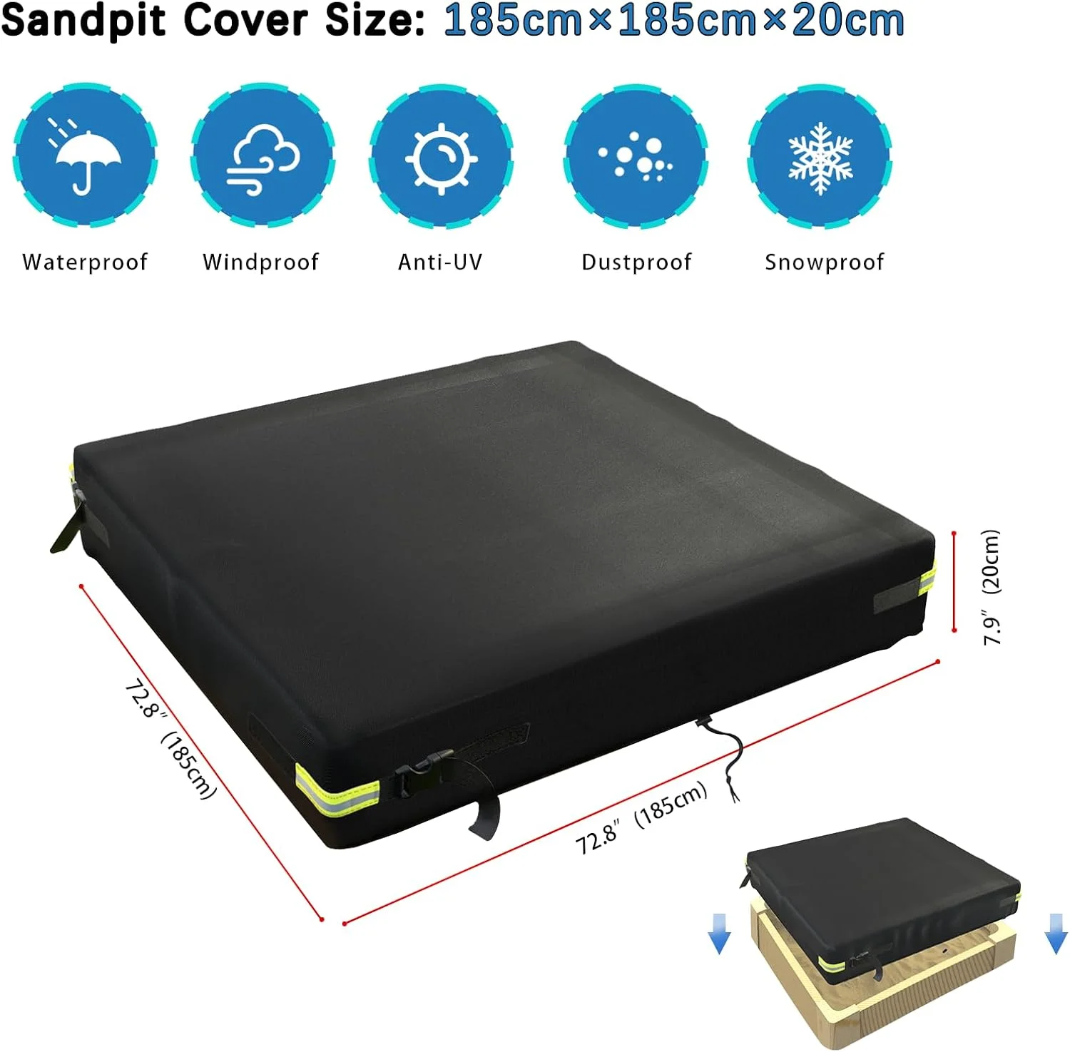 روکش جعبه شنی UQXSTAR ابعاد 185x185x20 سانتیمتر، دارای درپوش، ضدآب، ساخته شده از پارچه آکسفورد 600D با روکش PVC، مقاوم در برابر باران و اشعه ماوراء بنفش، مناسب برای استخر مربع شکل و محافظت از جعبه شنی و اسباببازیهای کودکان در فضای باز روکش جعبه شنی UQXSTAR ابعاد 185x185x20 سانتیمتر، دارای درپوش، ضدآب، ساخته شده از پارچه آکسفورد 600D با روکش PVC، مقاوم در برابر باران و اشعه ماوراء بنفش، مناسب برای استخر مربع شکل و محافظت از جعبه شنی و اسباببازیهای کودکان در فضای باز