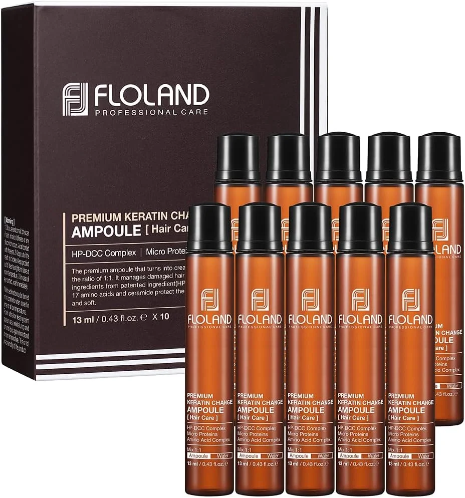 آمپول تغییر کراتین فلولند - ماسک درمانی ترمیم کننده عمیق مو برای موهای فر، رنگ شده، خشک، شکننده و وز - مجموعه 10 عددی پرکننده پروتئین موی صاف کننده اسید آمینه فشرده 13 میلی لیتری