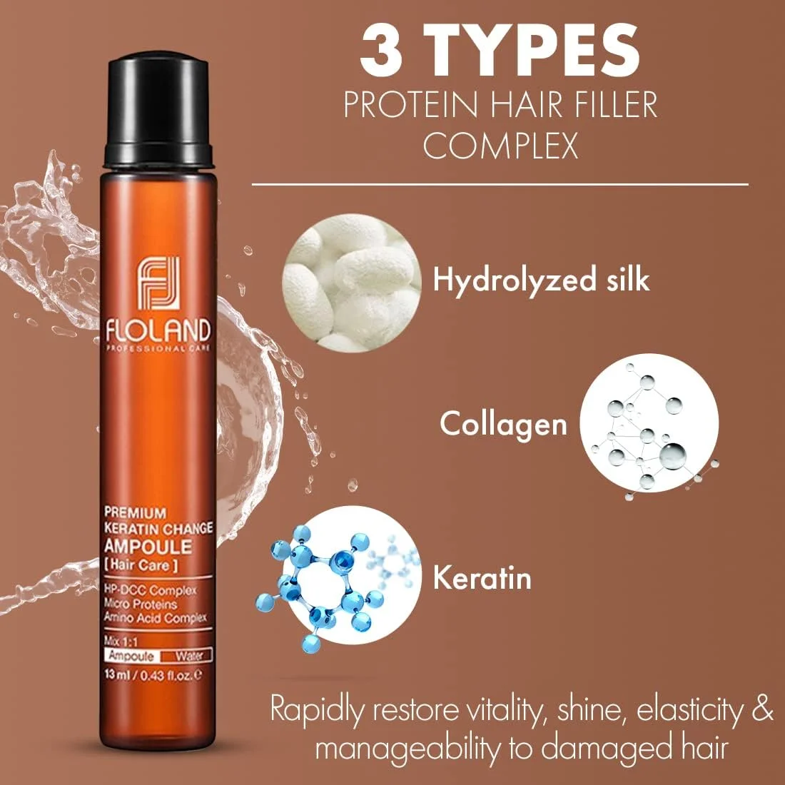 آمپول تغییر کراتین فلولند - ماسک درمانی ترمیم کننده عمیق مو برای موهای فر، رنگ شده، خشک، شکننده و وز - مجموعه 10 عددی پرکننده پروتئین موی صاف کننده اسید آمینه فشرده 13 میلی لیتری