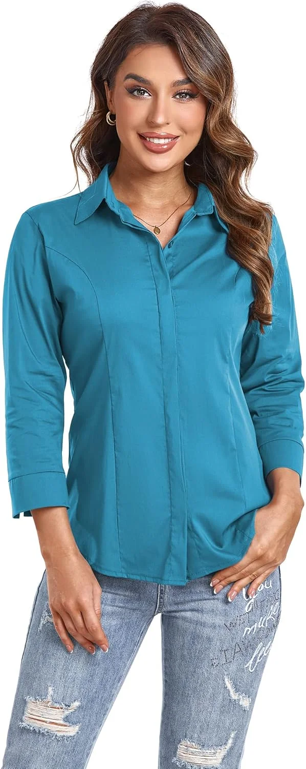 Atnlewhi بلوز دکمه دار زنانه آستین سه ربع، کشی، مناسب کار، اداره، رسمی و غیر رسمی