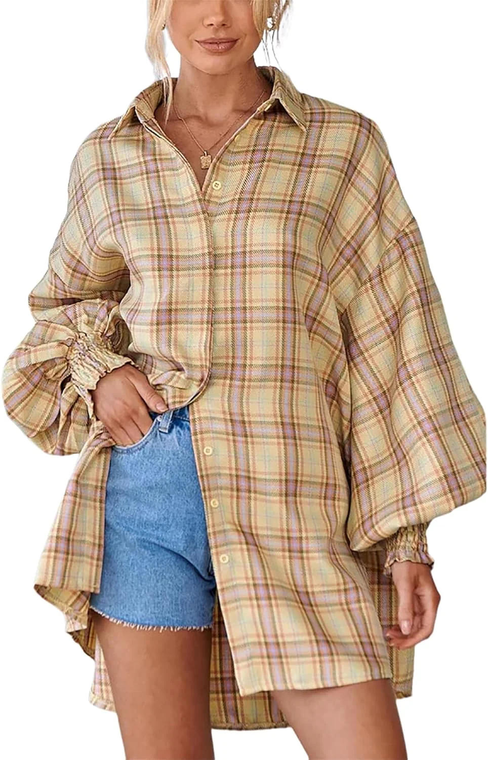 پیراهن های چهارخانه فلانل زنانه - بلوز و شومیز دکمه دار آستین بلند بزرگ