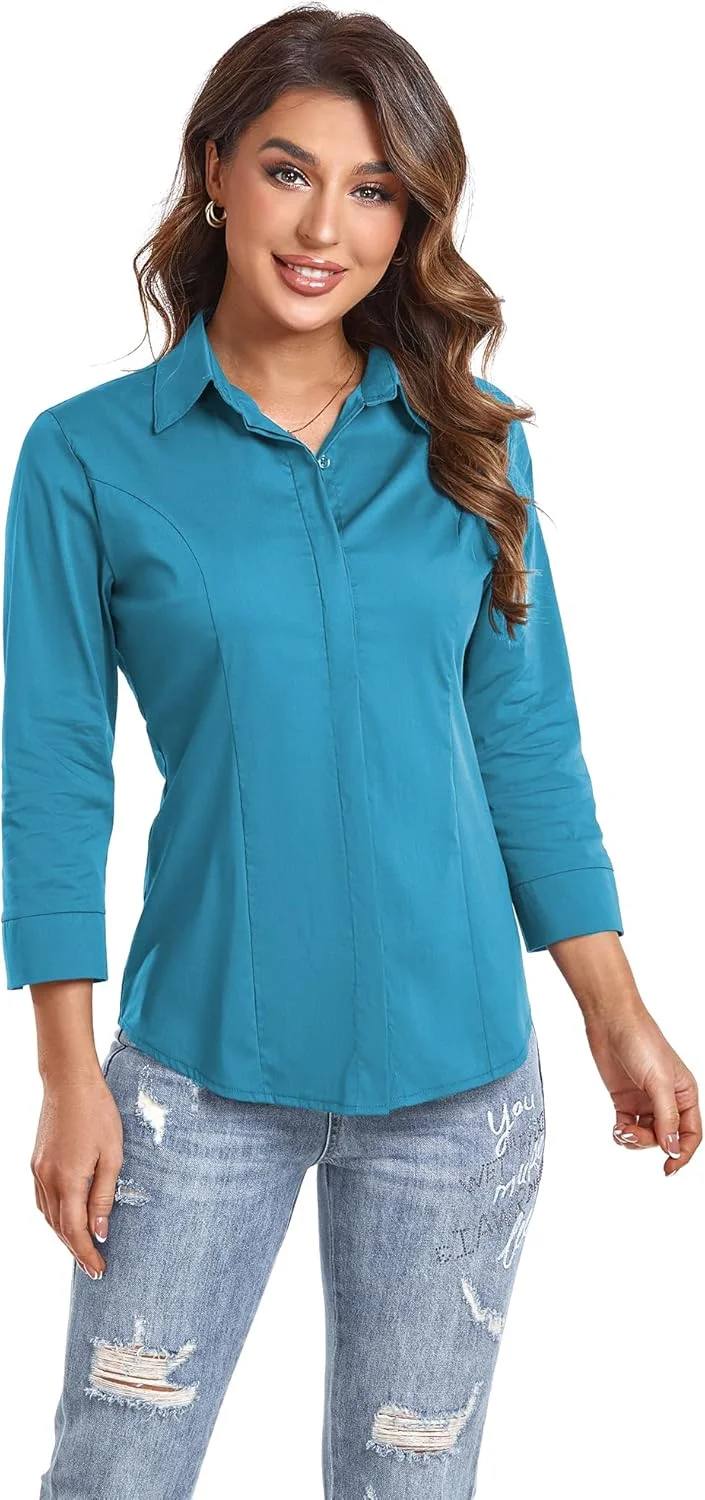 Atnlewhi بلوز دکمه دار زنانه آستین سه ربع، کشی، مناسب کار، اداره، رسمی و غیر رسمی