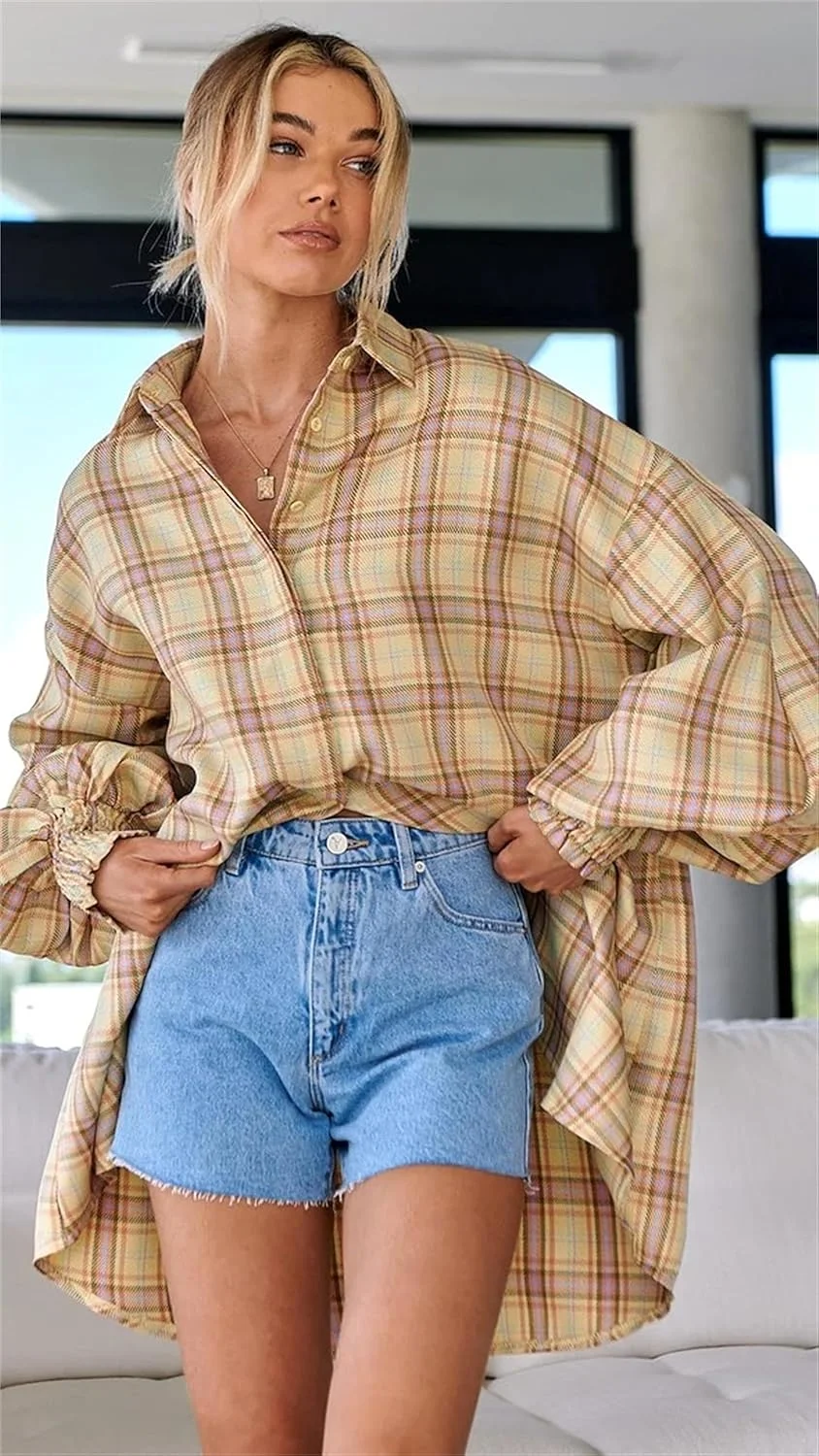 پیراهن های چهارخانه فلانل زنانه - بلوز و شومیز دکمه دار آستین بلند بزرگ