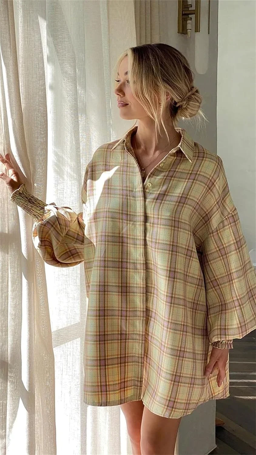 پیراهن های چهارخانه فلانل زنانه - بلوز و شومیز دکمه دار آستین بلند بزرگ