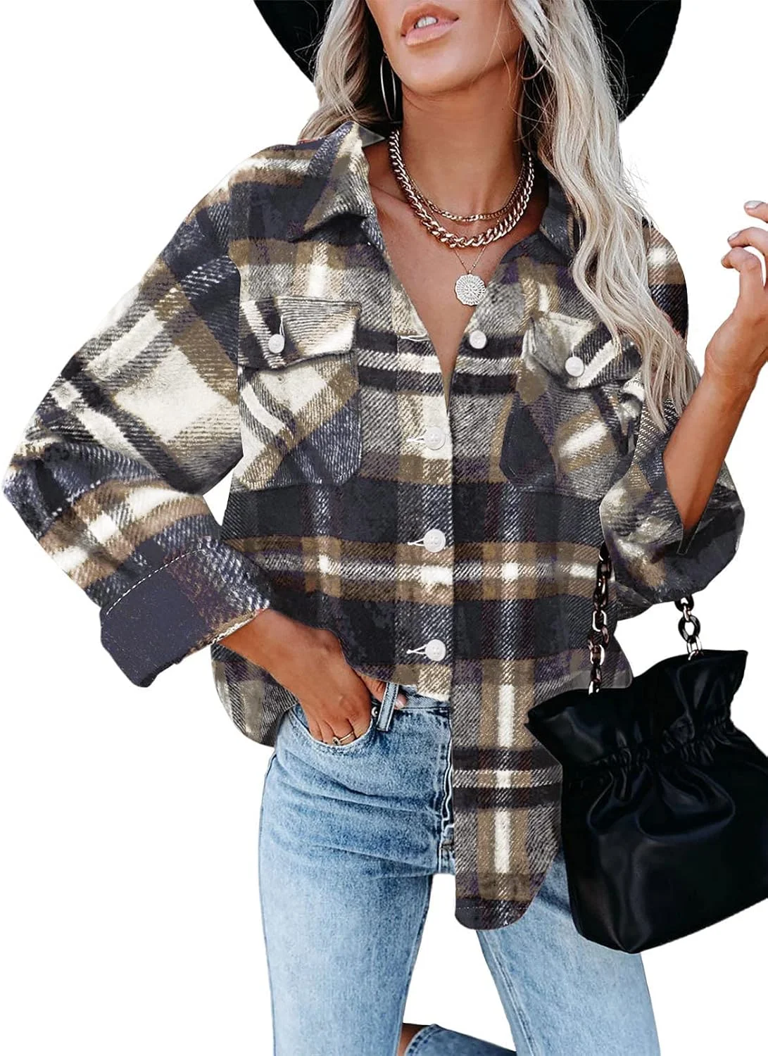 AUSELILY بلوزهای دکمه دار آستین بلند زنانه، ژاکت مخمل کبریتی بزرگ