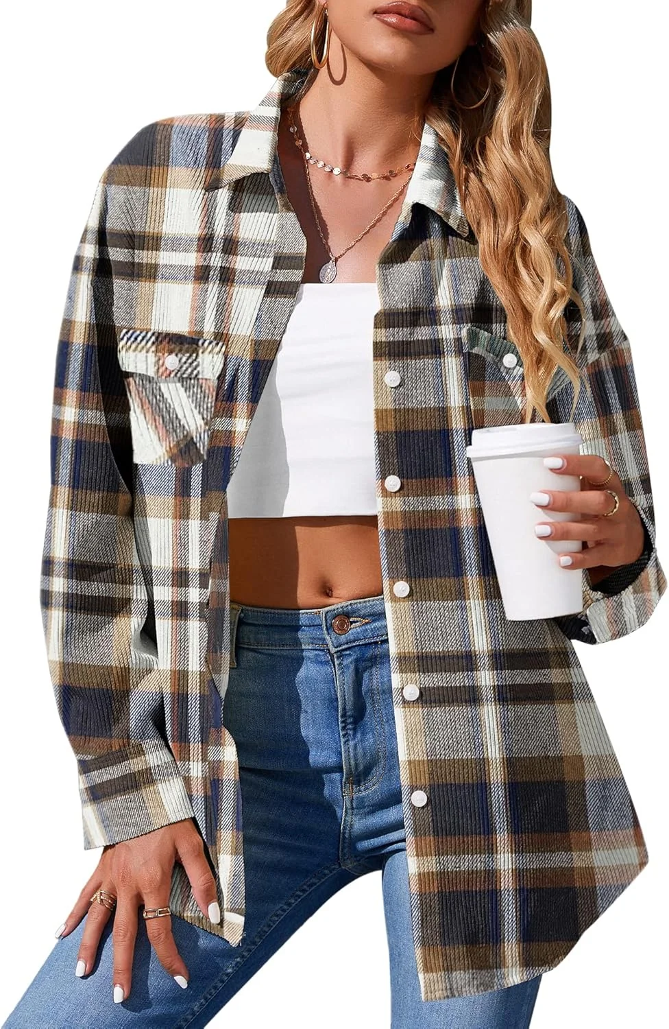 AUSELILY بلوزهای دکمه دار آستین بلند زنانه، ژاکت مخمل کبریتی بزرگ