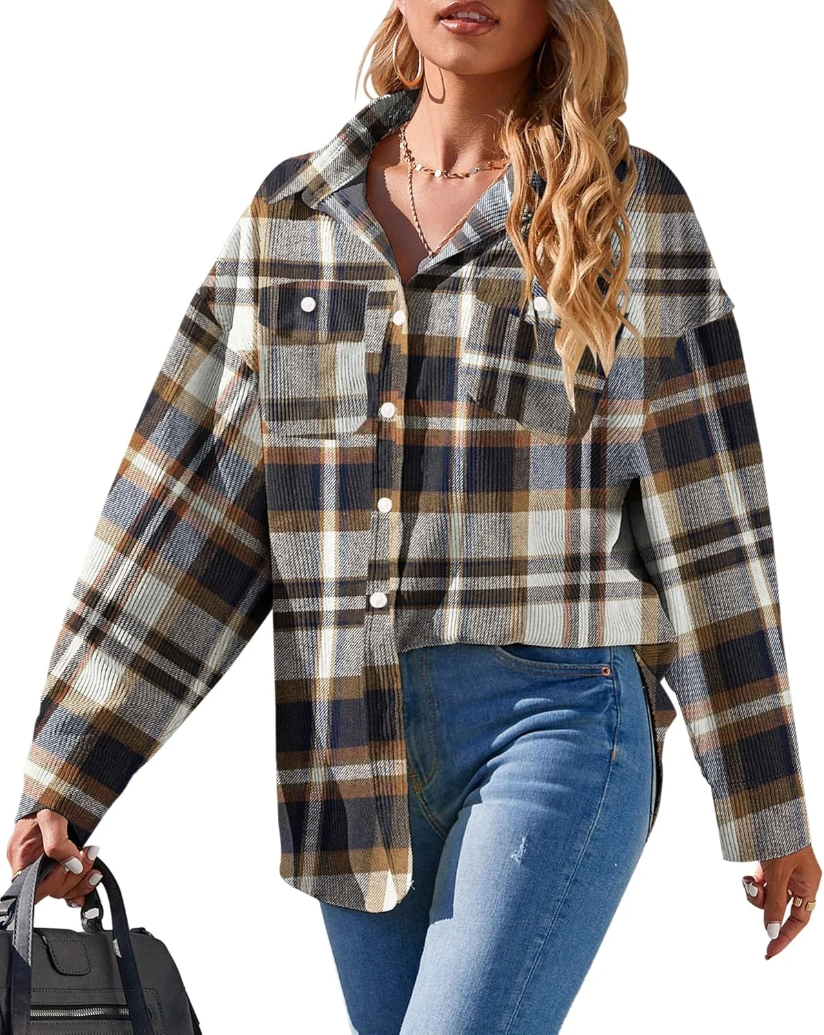 AUSELILY بلوزهای دکمه دار آستین بلند زنانه، ژاکت مخمل کبریتی بزرگ