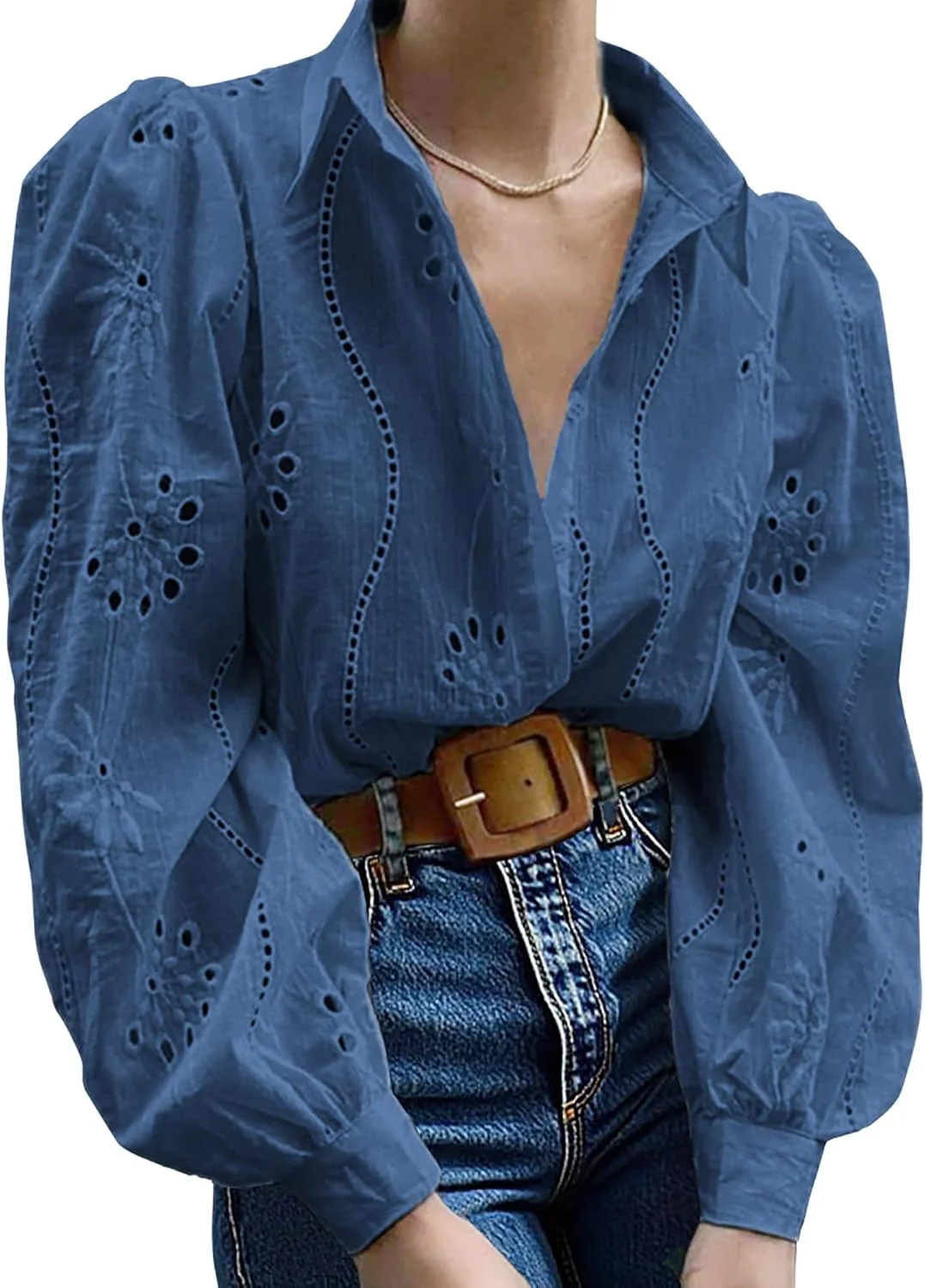 بلوز آستین بلند زنانه Awemeal، دکمه دار، گلدوزی شده، یقه هفت، آستین پفی، شومیز، بلوزهای غیر رسمی و شیک