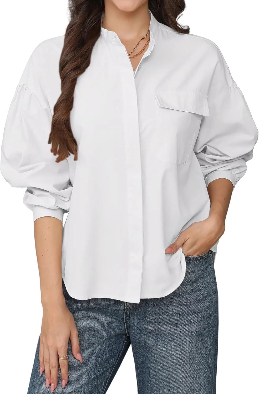 پیراهن دکمه دار زنانه آستین بلند، بلوز غیر رسمی شیک، یقه ایستاده، مدل آزاد با جیب
