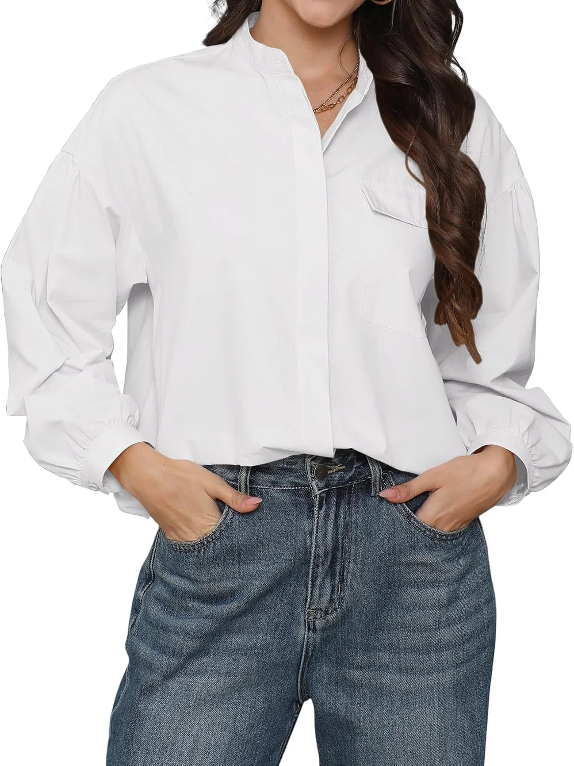 پیراهن دکمه دار زنانه آستین بلند، بلوز غیر رسمی شیک، یقه ایستاده، مدل آزاد با جیب