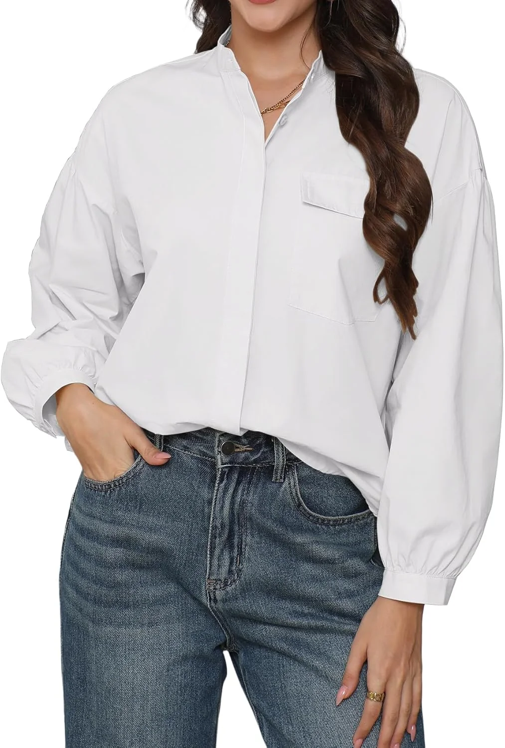 پیراهن دکمه دار زنانه آستین بلند، بلوز غیر رسمی شیک، یقه ایستاده، مدل آزاد با جیب