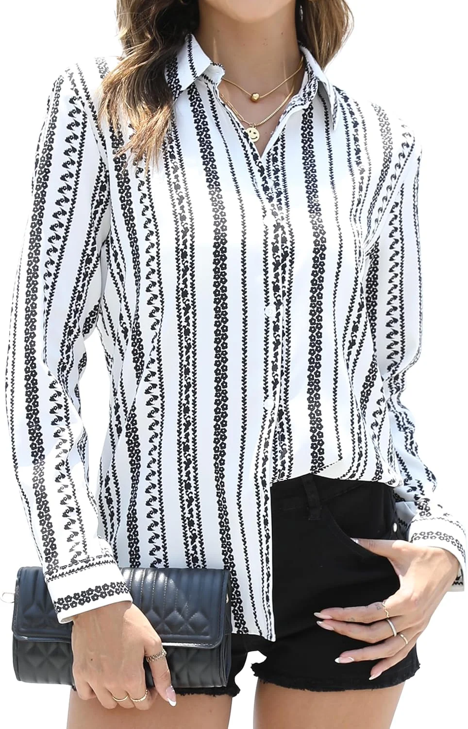 بلوز زنانه دکمه دار آستین بلند با طرح چاپی نفیس، بلوز شیک غیر رسمی سایز XS-XXL