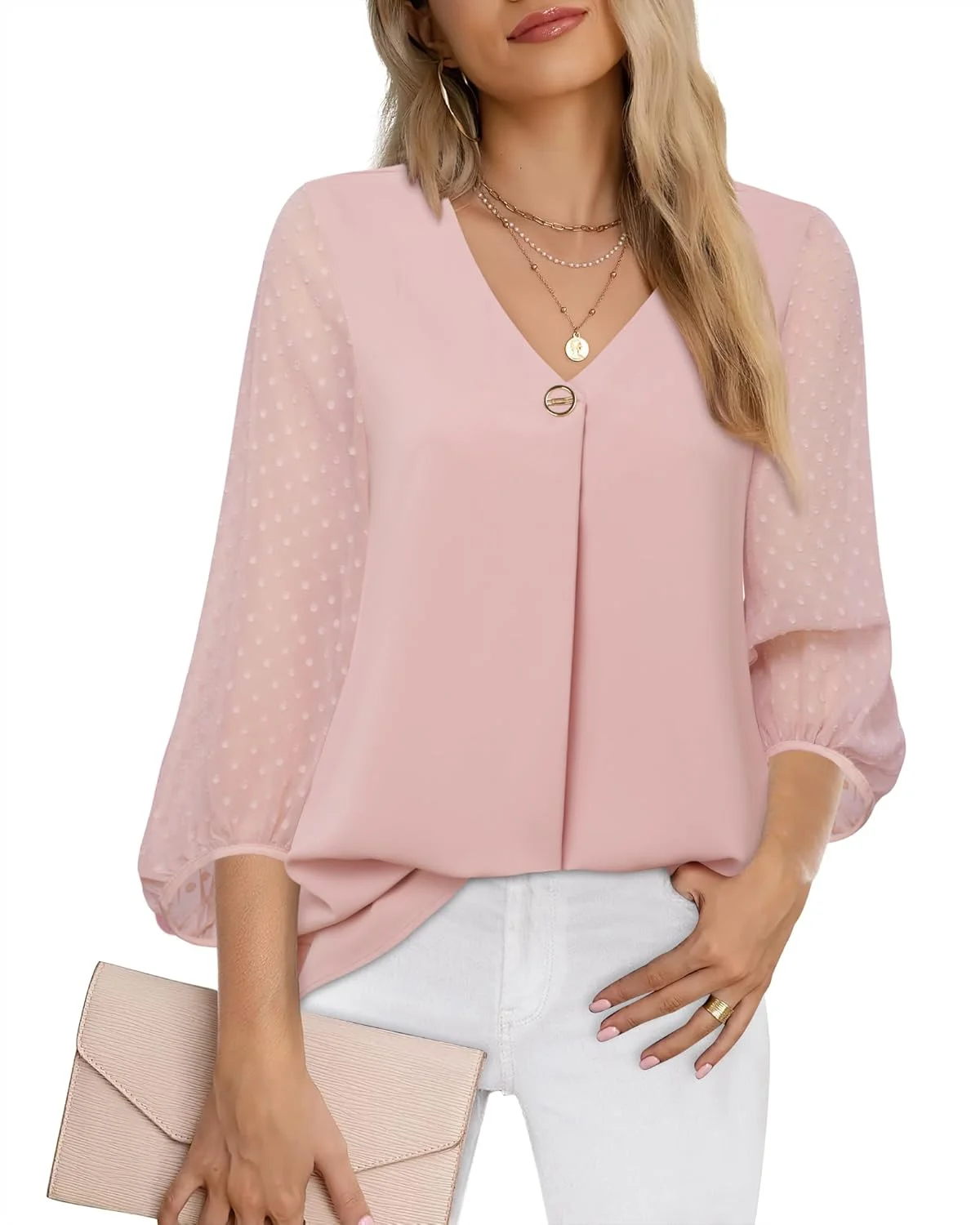بلوز زنانه ببنونی آستین سه ربع مدل بالونی یقه هفت شل و غیر رسمی از جنس شیفون