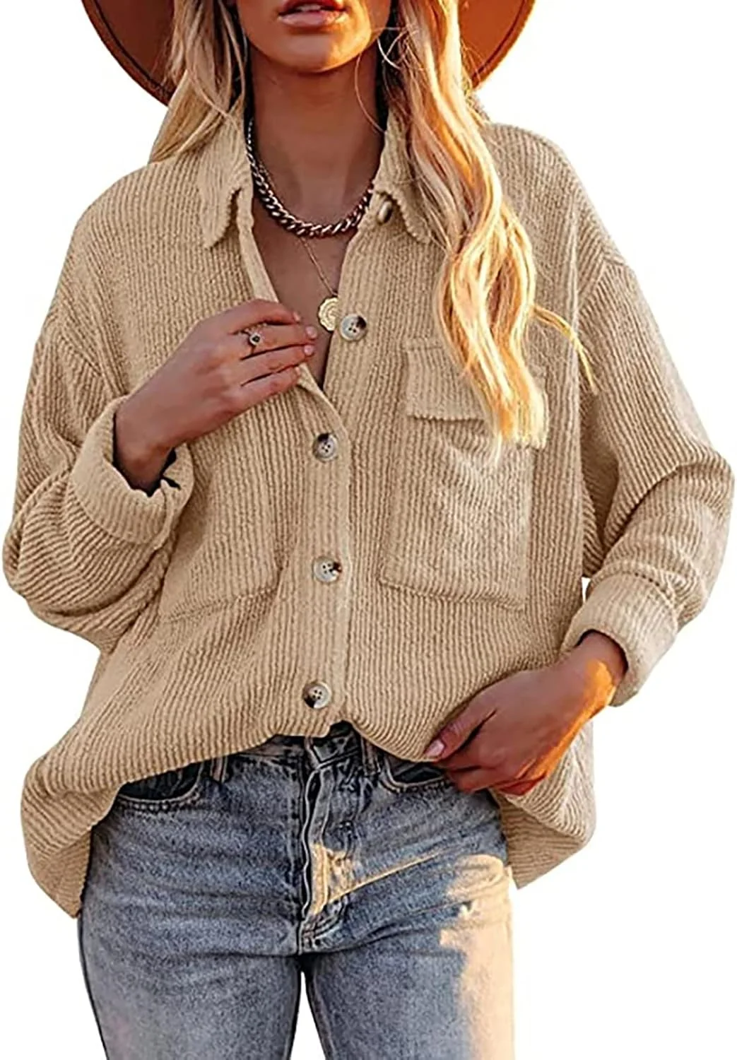 پیراهن زنانه مخمل کبریتی آستین بلند دکمه دار یقه دار، ژاکت و بلوز با جیب