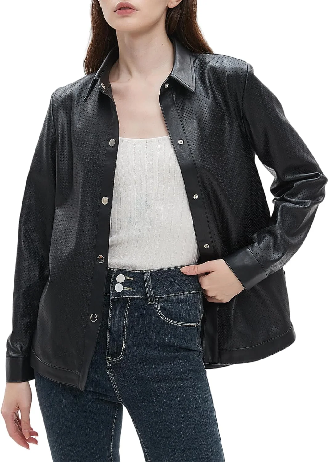 شومیز آستین بلند زنانه از جنس چرم مصنوعی PU، بلوزهای شیک مناسب محیط کار با دکمه و لبه چاک دار