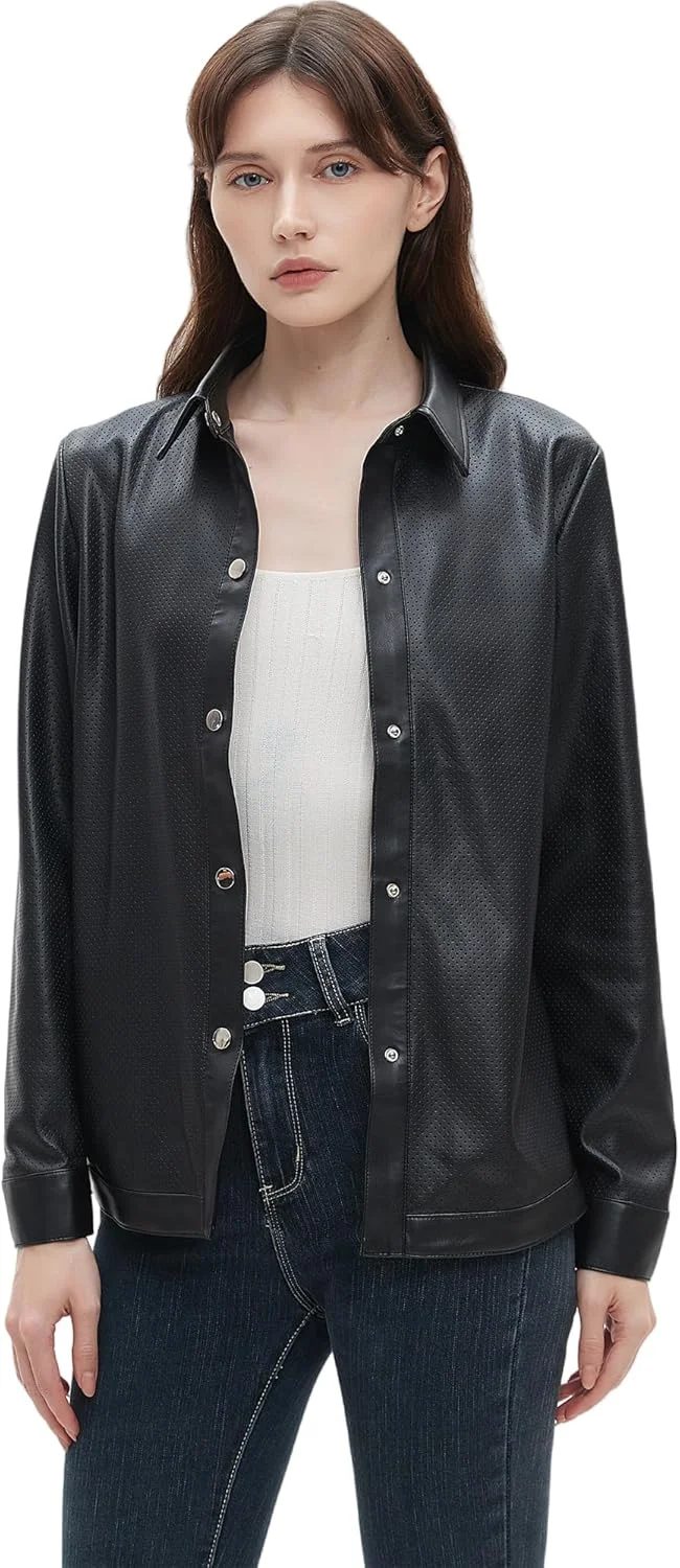 شومیز آستین بلند زنانه از جنس چرم مصنوعی PU، بلوزهای شیک مناسب محیط کار با دکمه و لبه چاک دار