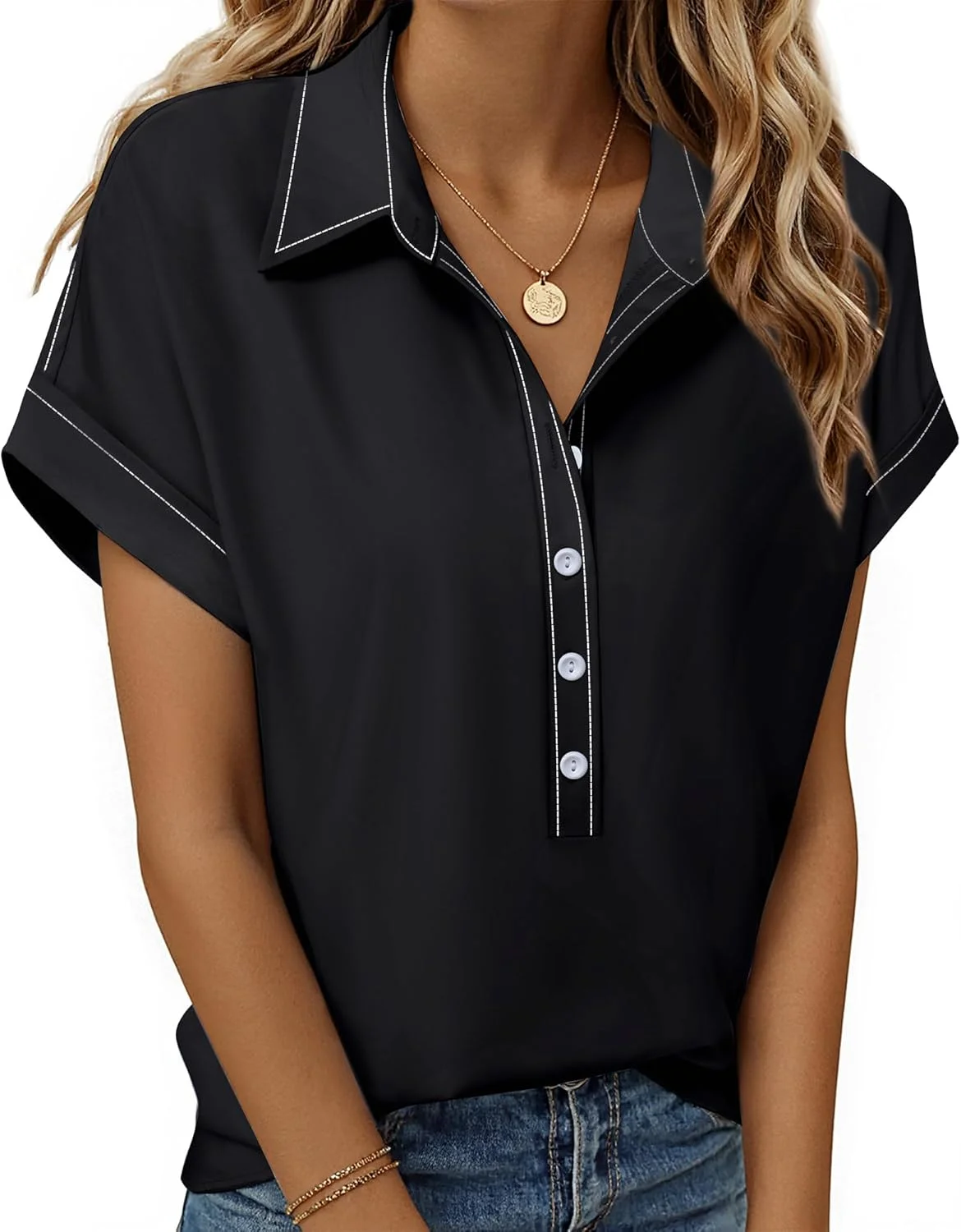 بلوز دکمه دار زنانه آستین کوتاه یقه دار مناسب کار و محیط اداری