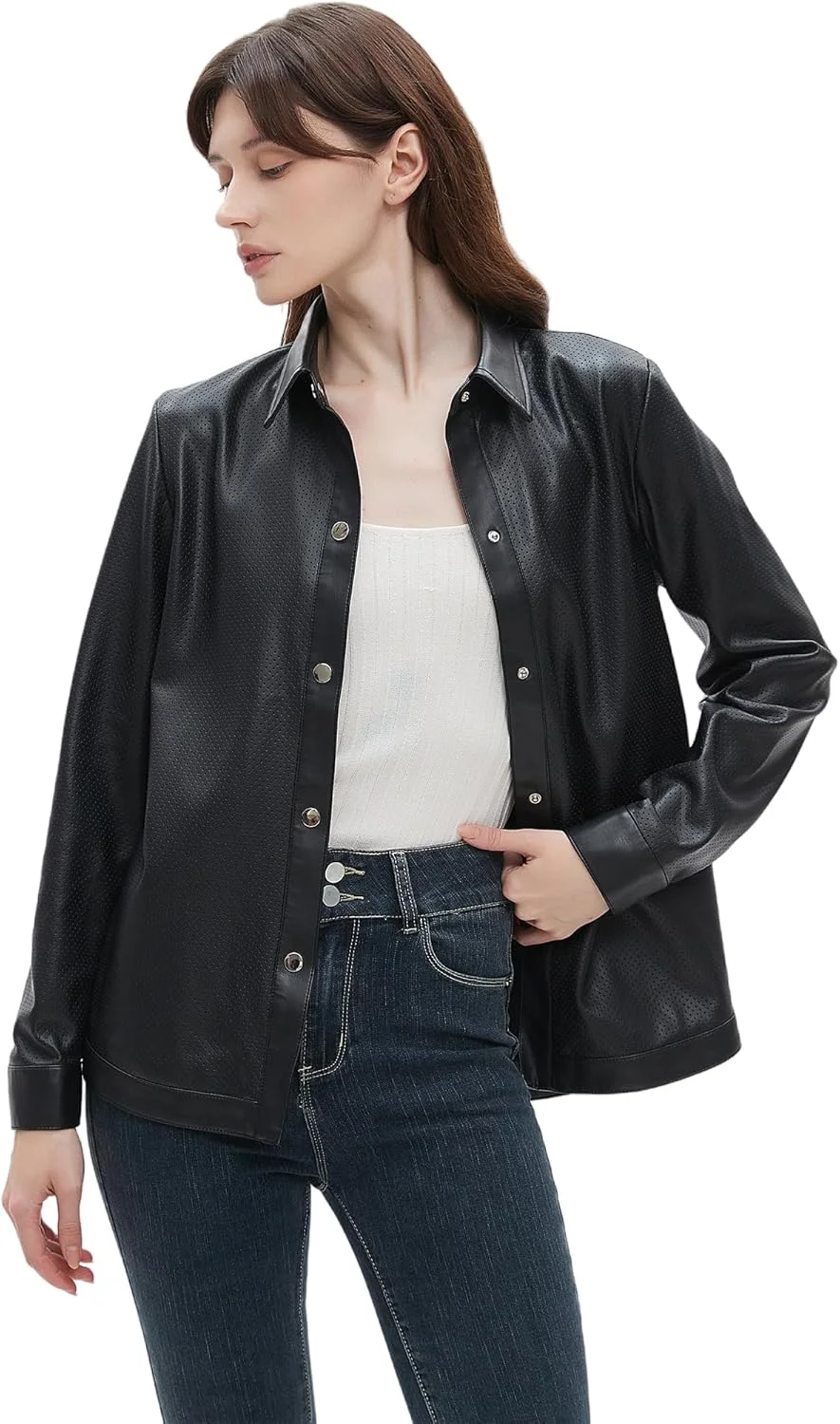 شومیز آستین بلند زنانه از جنس چرم مصنوعی PU، بلوزهای شیک مناسب محیط کار با دکمه و لبه چاک دار