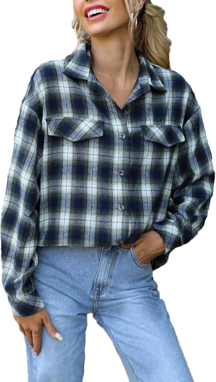 پیراهن چهارخانه دکمه دار زنانه، آستین بلند، بلوز، تونیک بزرگ با جیب - مشکی S