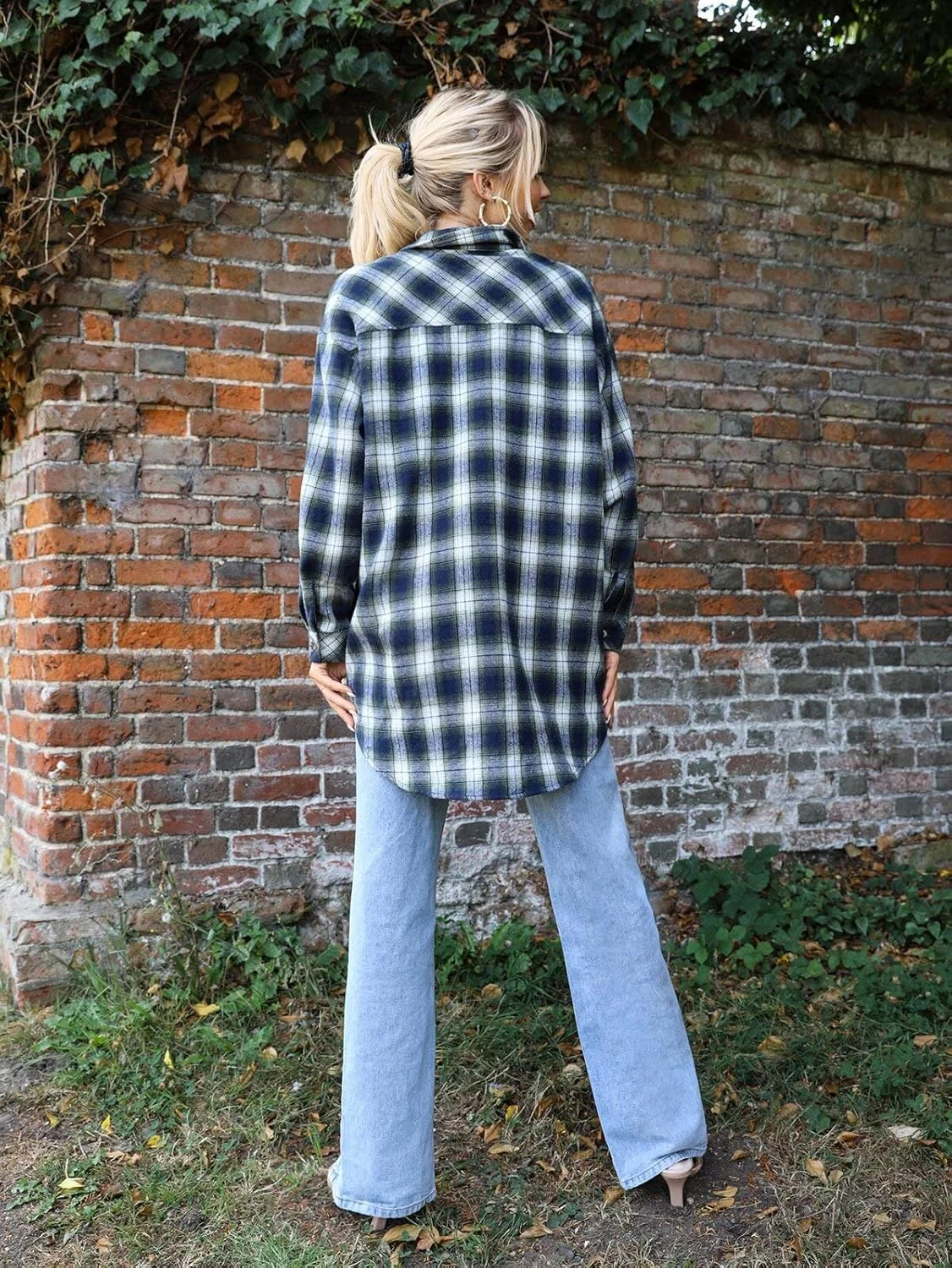 پیراهن چهارخانه دکمه دار زنانه، آستین بلند، بلوز، تونیک بزرگ با جیب - مشکی S