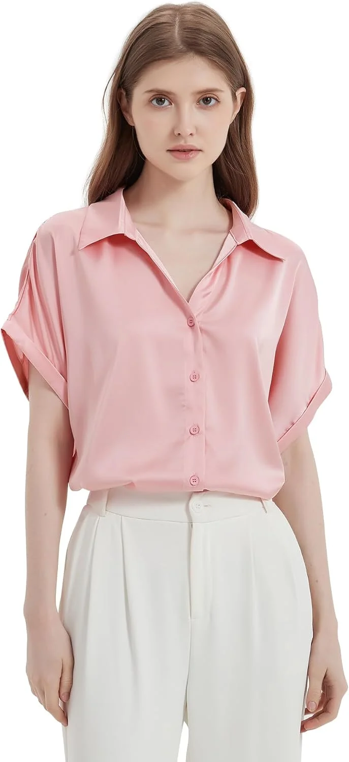 شومیز دکمه دار ساتن، بلوز ابریشمی آستین کوتاه یقه هفت، لباس های غیر رسمی تجاری برای پیراهن های زنانه 2024