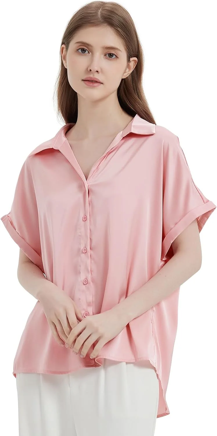 شومیز دکمه دار ساتن، بلوز ابریشمی آستین کوتاه یقه هفت، لباس های غیر رسمی تجاری برای پیراهن های زنانه 2024 شومیز دکمه دار ساتن، بلوز ابریشمی آستین کوتاه یقه هفت، لباس های غیر رسمی تجاری برای پیراهن های زنانه 2024