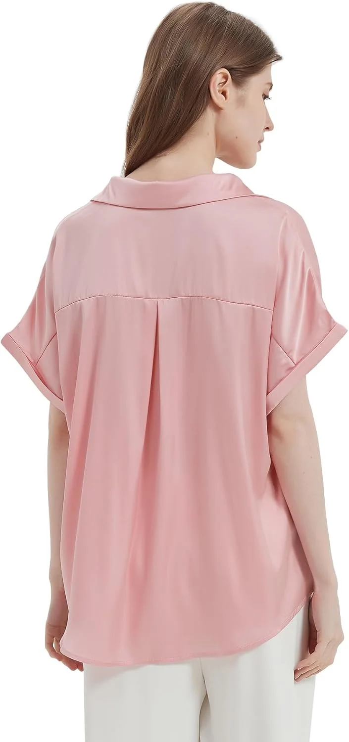 شومیز دکمه دار ساتن، بلوز ابریشمی آستین کوتاه یقه هفت، لباس های غیر رسمی تجاری برای پیراهن های زنانه 2024 شومیز دکمه دار ساتن، بلوز ابریشمی آستین کوتاه یقه هفت، لباس های غیر رسمی تجاری برای پیراهن های زنانه 2024