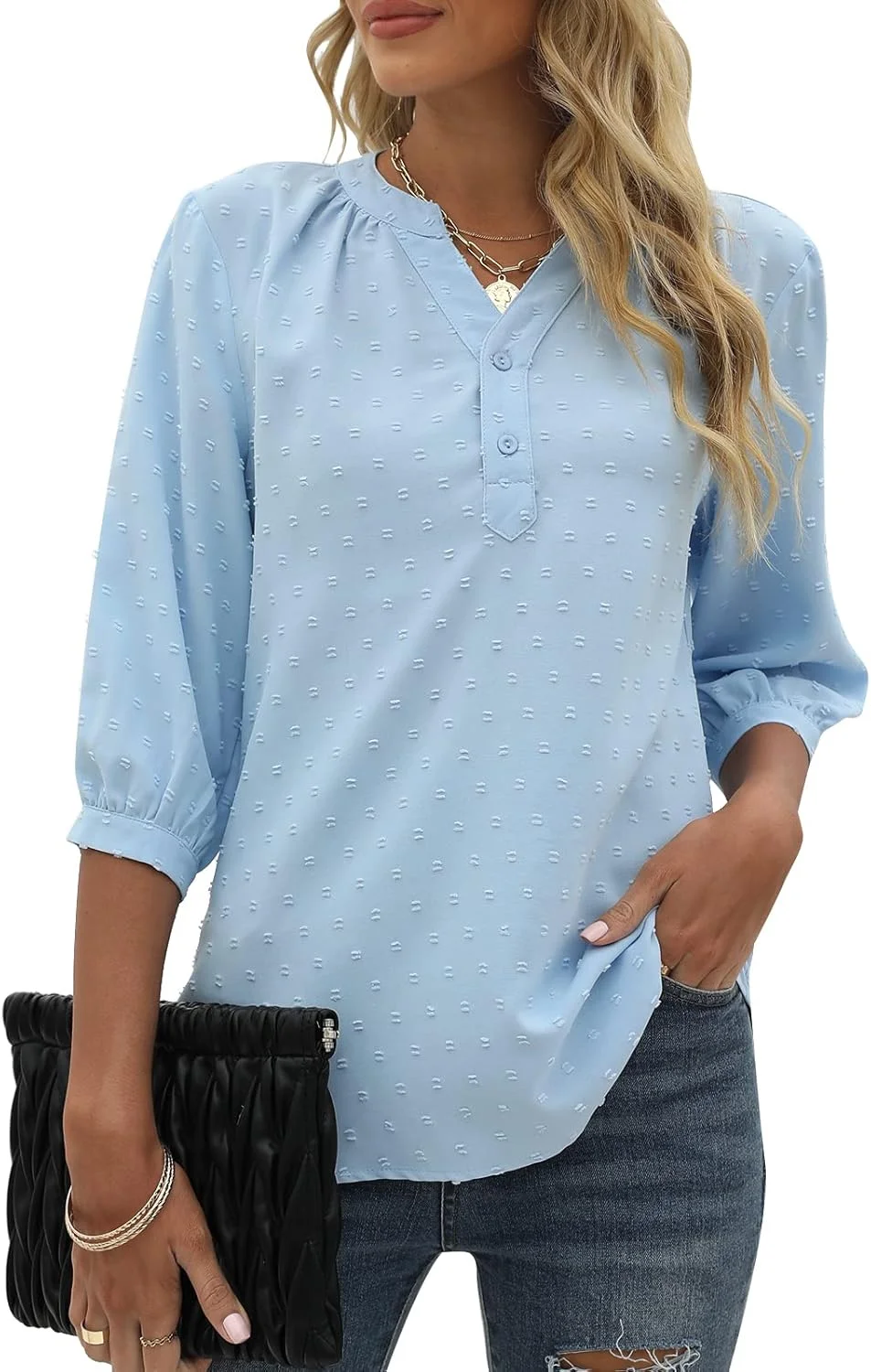 بلوز آستین سه ربع یقه هفت زنانه، دکمه دار، تونیک شیفون، تاپ خال دار سوئیسی، مناسب بهار و تابستان 2023، آبی روشن، سایز S
