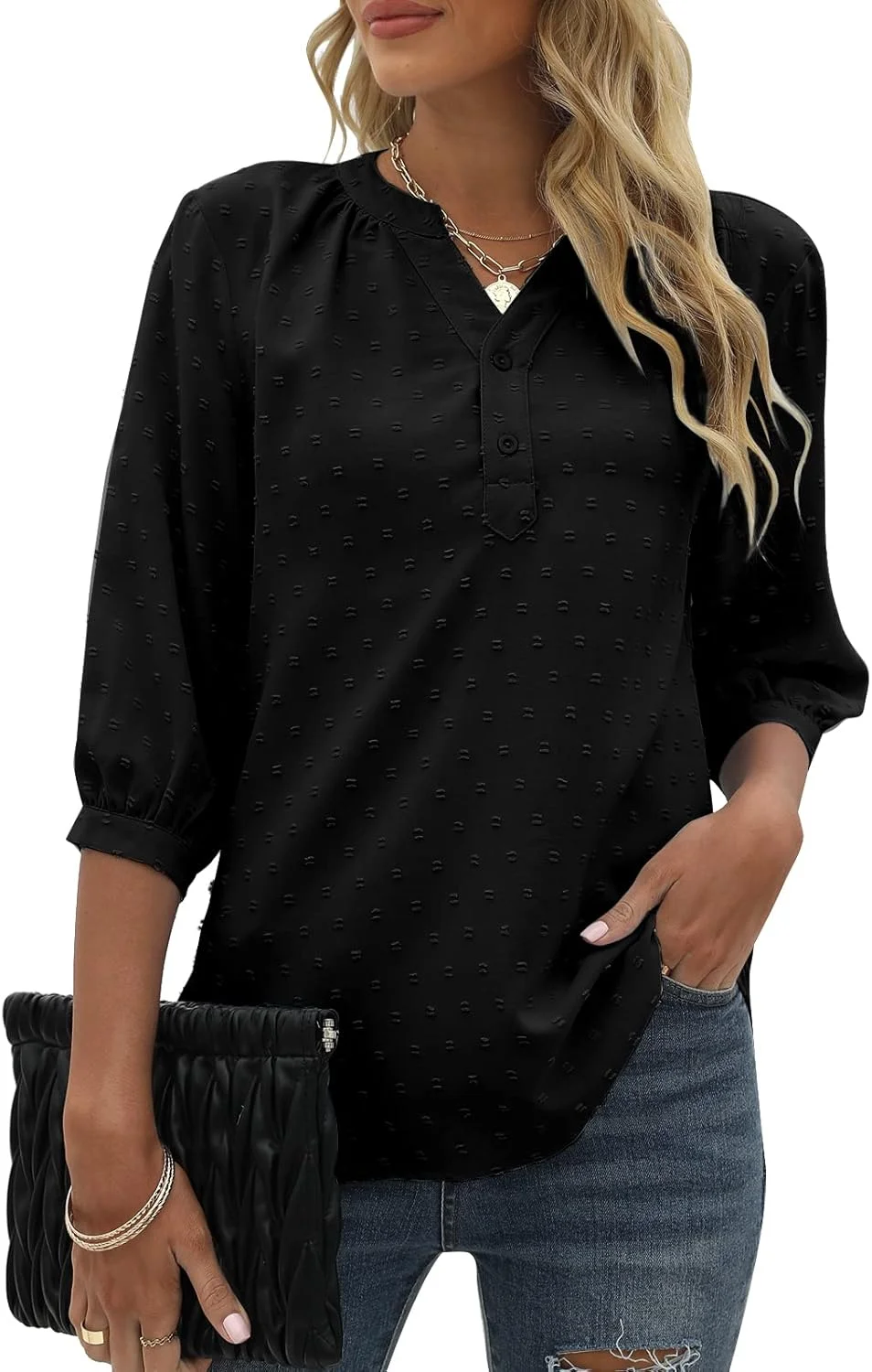 تی‌شرت زنانه یقه هفت آستین سه ربع طرح خال‌خالی دکمه‌دار تابستانی Bequemer Laden، تاپ بلوز شومیز، مشکی، سایز S