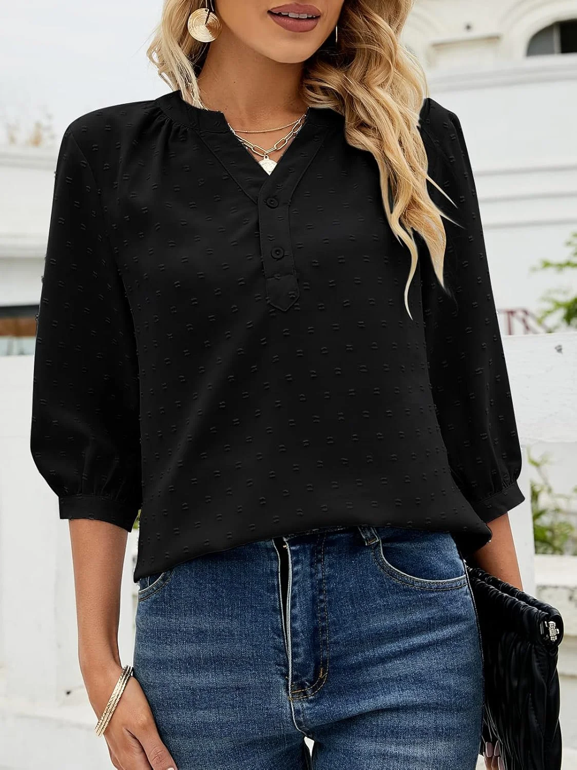 تی‌شرت زنانه یقه هفت آستین سه ربع طرح خال‌خالی دکمه‌دار تابستانی Bequemer Laden، تاپ بلوز شومیز، مشکی، سایز S