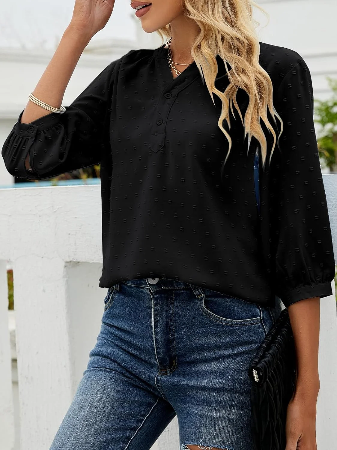 تی‌شرت زنانه یقه هفت آستین سه ربع طرح خال‌خالی دکمه‌دار تابستانی Bequemer Laden، تاپ بلوز شومیز، مشکی، سایز S