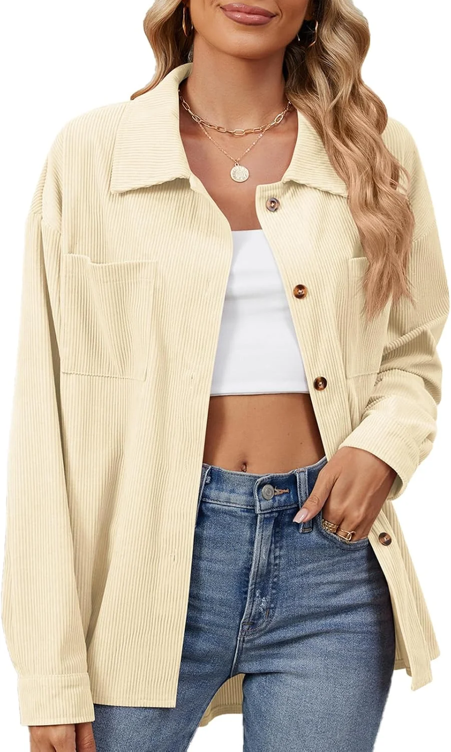 Blostirno پیراهن زنانه دکمه دار مخمل کبریتی آستین بلند، بلوزهای بزرگ، کت پاییزه با جیب