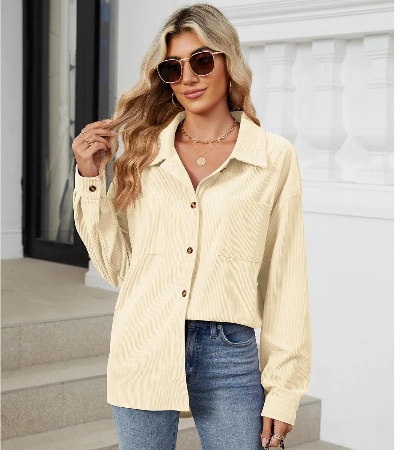 Blostirno پیراهن زنانه دکمه دار مخمل کبریتی آستین بلند، بلوزهای بزرگ، کت پاییزه با جیب