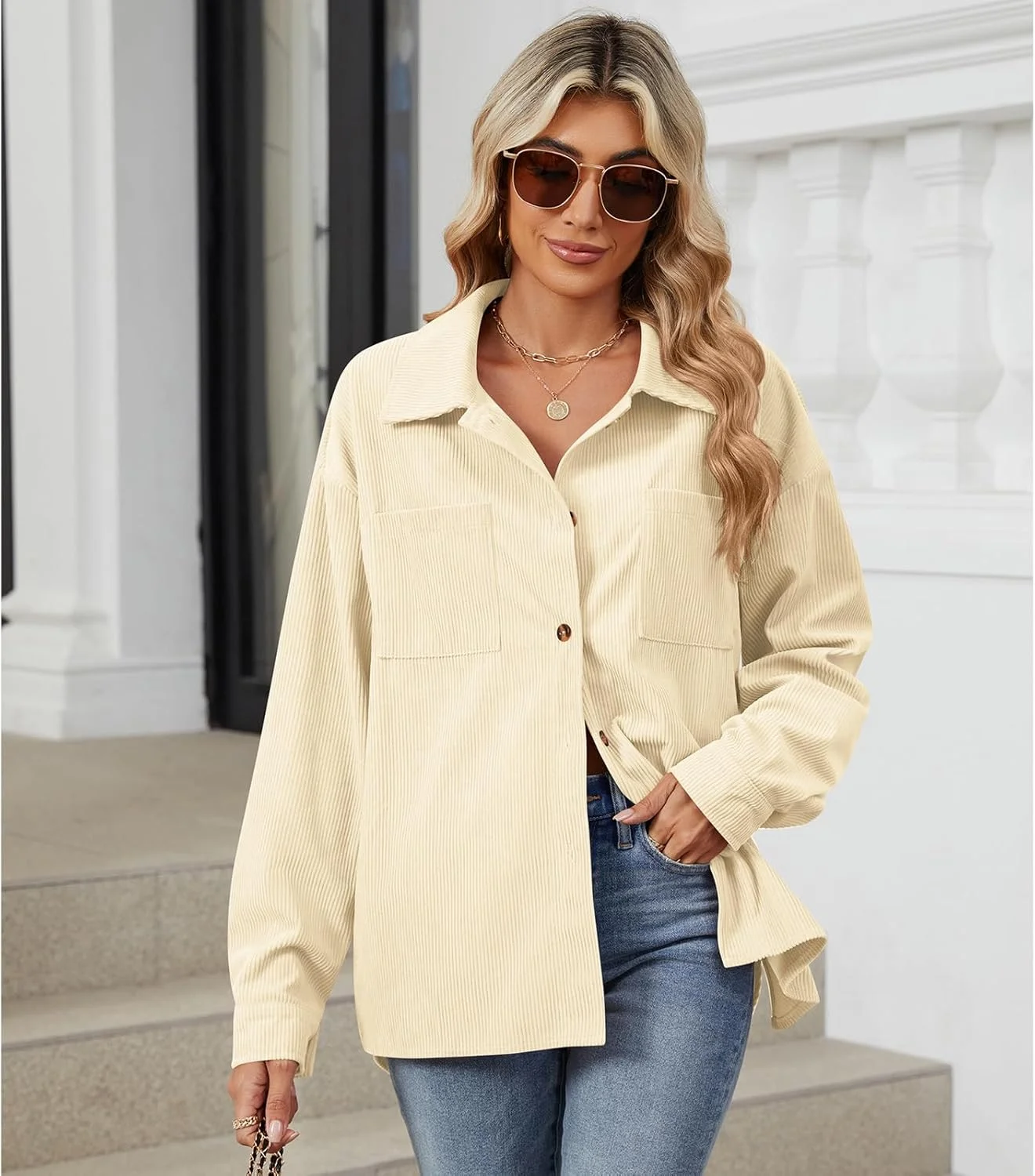 Blostirno پیراهن زنانه دکمه دار مخمل کبریتی آستین بلند، بلوزهای بزرگ، کت پاییزه با جیب