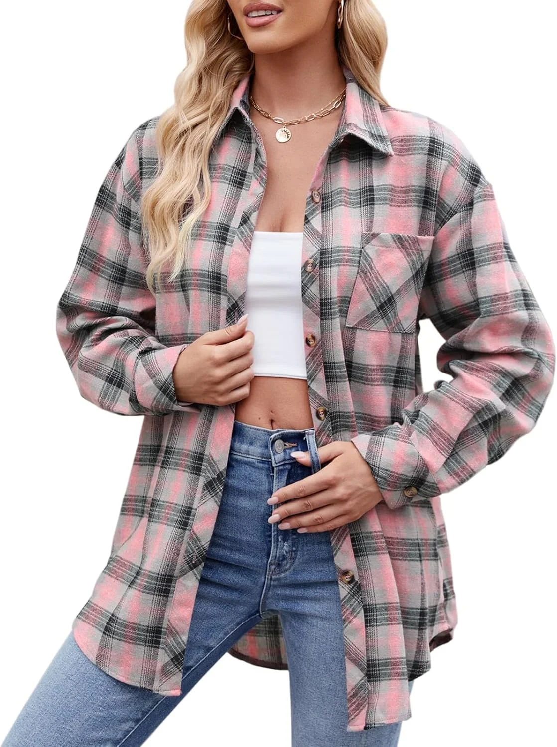 Blostirno پیراهن چهارخانه آستین بلند زنانه، دکمه دار، مدل بوفالو، مناسب استایل کژوال و اداری، بلوز و شومیز سایز بزرگ