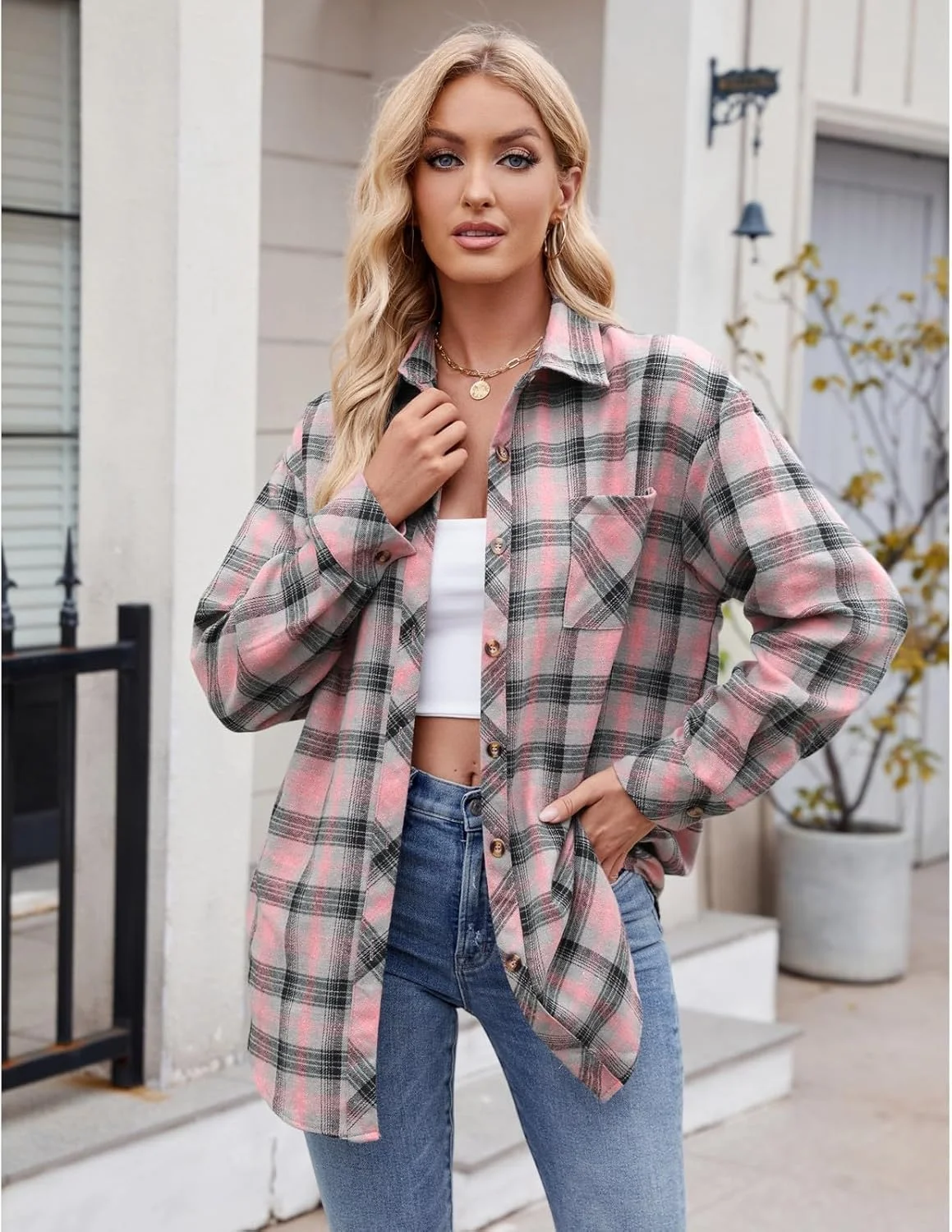 Blostirno پیراهن چهارخانه آستین بلند زنانه، دکمه دار، مدل بوفالو، مناسب استایل کژوال و اداری، بلوز و شومیز سایز بزرگ