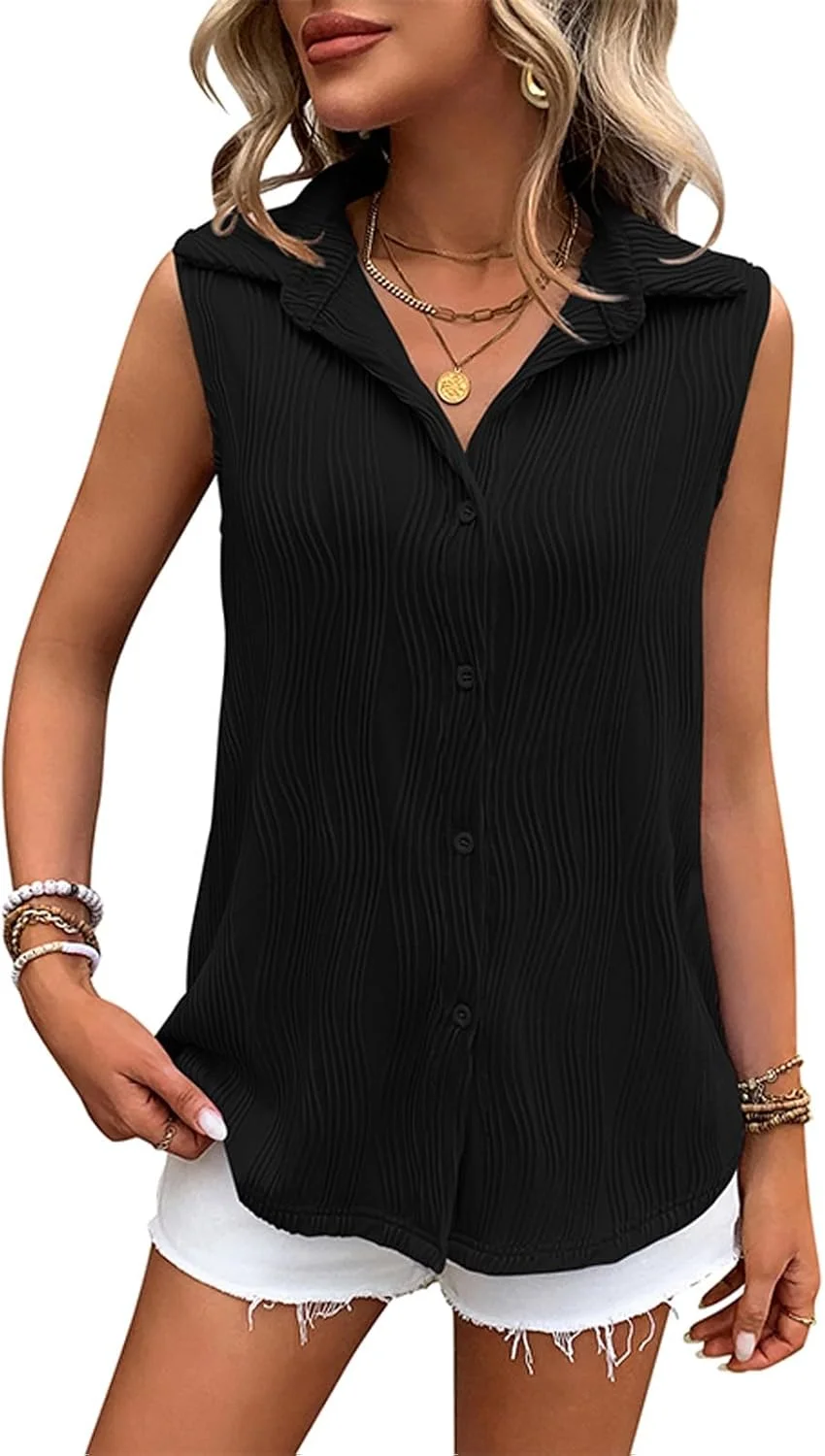 بلوز آستین حلقه ای دکمه دار زنانه، بافت دار، یقه دار، مناسب کار و استفاده روزمره