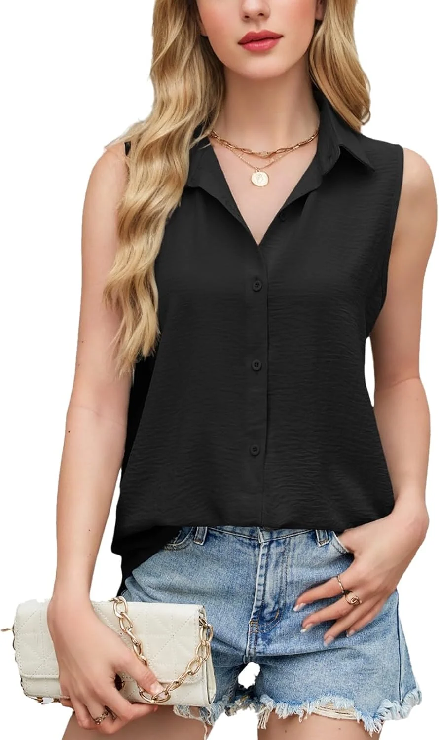 بلوز دکمه دار آستین حلقه ای زنانه، یقه هفت، بلوزهای یقه دار غیر رسمی، تاپ بدون آستین شیفون چین دار تابستانی، مشکی، سایز M