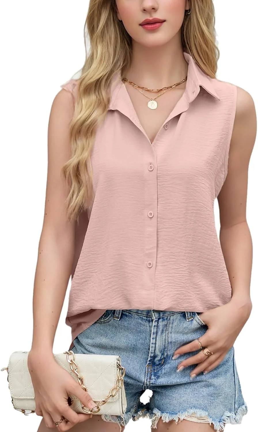 تاپ بدون آستین زنانه بلوز دکمه دار یقه هفت، بلوزهای یقه دار غیررسمی، تاپ بدون آستین چین دار تابستانی، صورتی، M