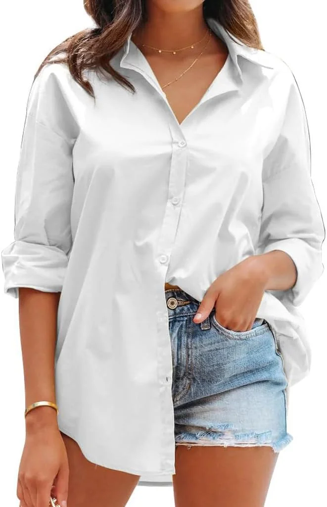 بلوز زنانه، پیراهن های شیک 100% پنبه، بلوز بلند زنانه غیر رسمی مناسب لگینگ، دکمه دار سایز بزرگ، تاپ آستین بلند زنانه