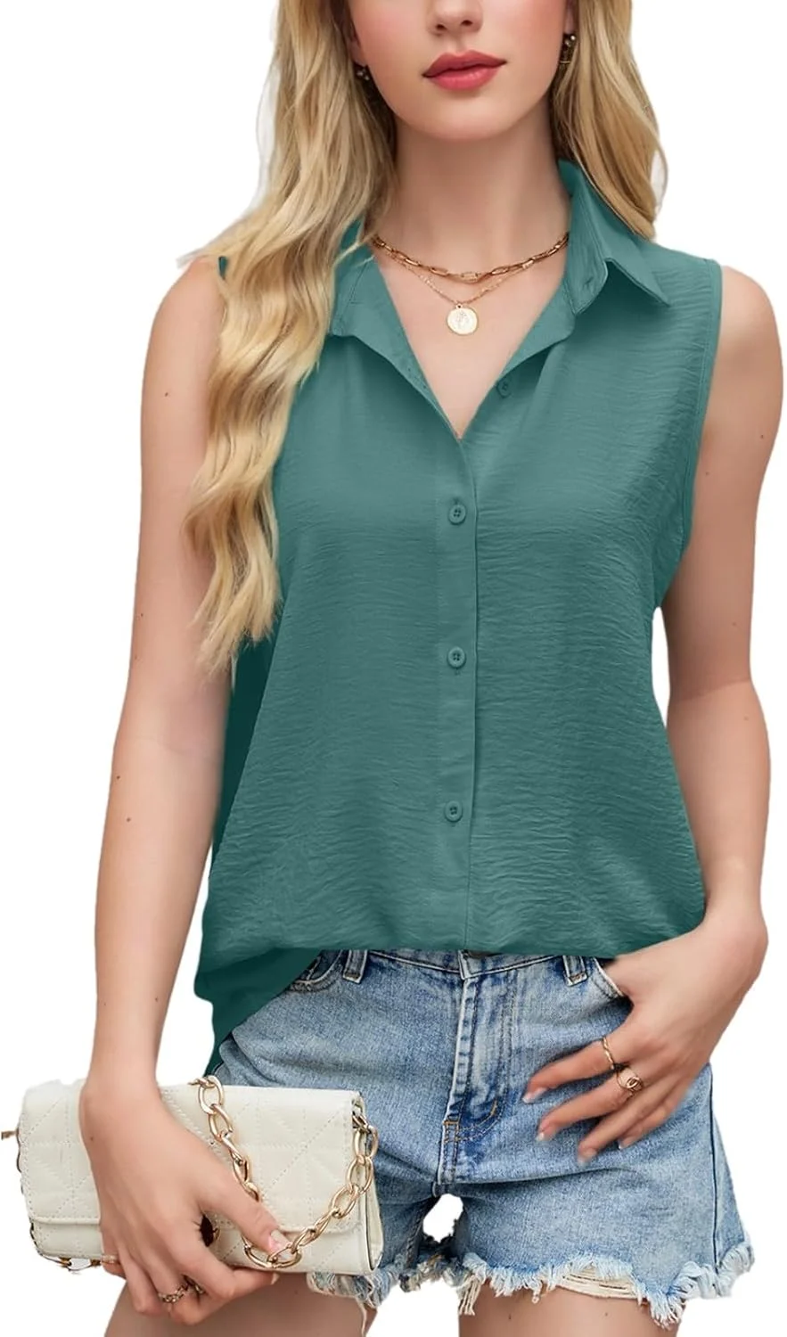 بلوز بدون آستین دکمه دار زنانه، یقه هفت، بلوزهای یقه دار غیر رسمی، تاپ بدون آستین چین دار شیفون تابستانی پایه، سبز، L
