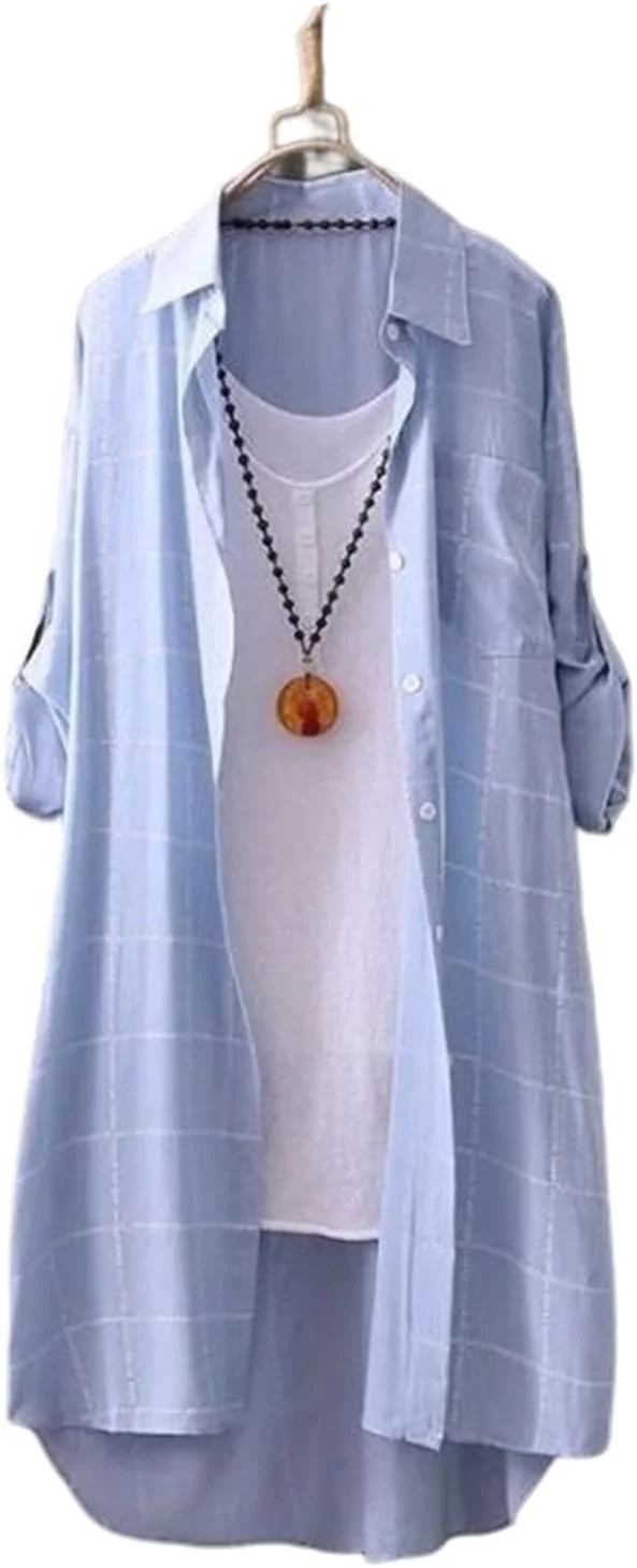 بلوز چهارخانه بلند سایز بزرگ، بهاره 2020، دکمه دار، تاپ کتان زنانه، آستین بلند غیر رسمی مناسب بانوان برای کار